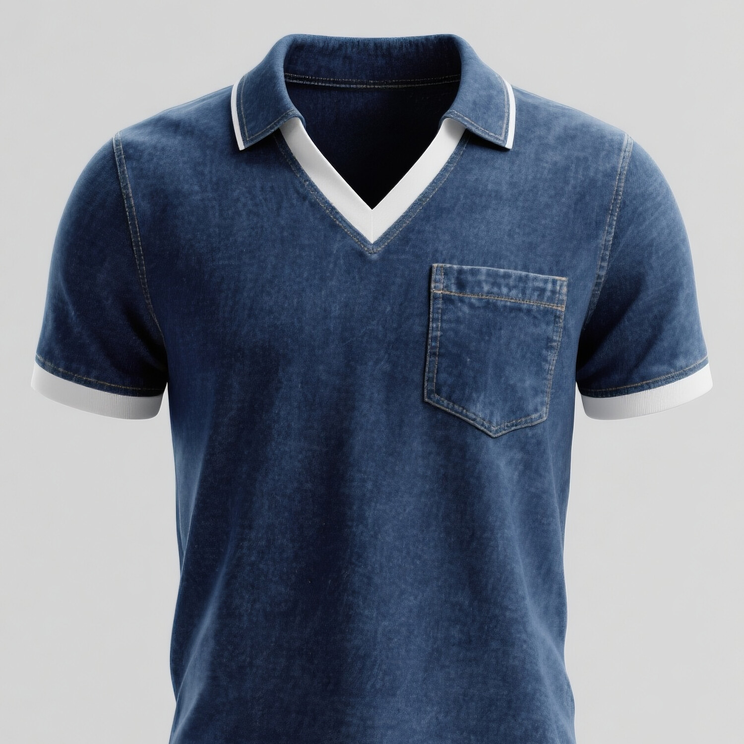 Men's Denim Turndown Collar Colorblock Short Sleeve Chest Pocket Shirt