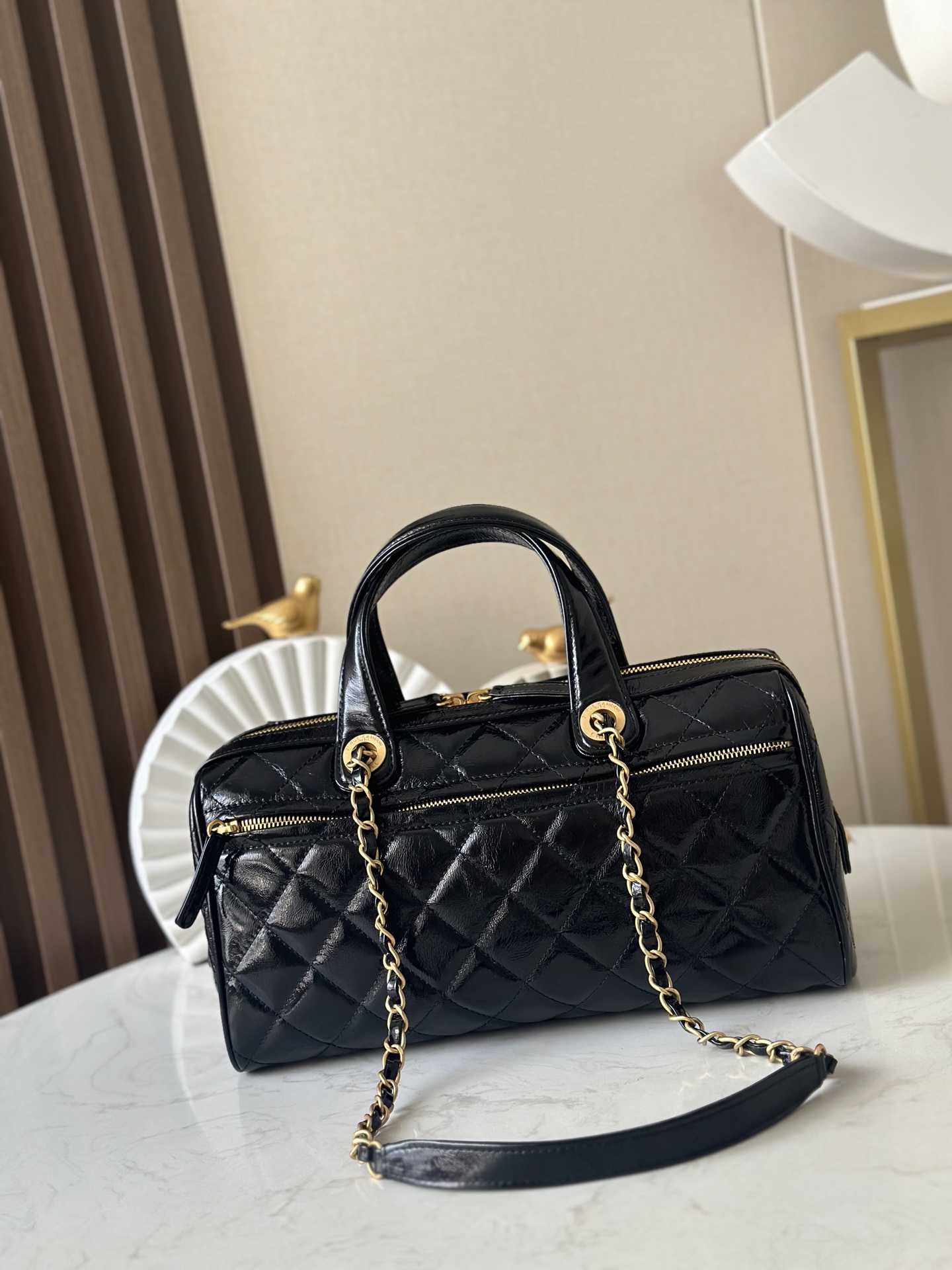 25A Small Bowling Bag in Black Quilted Crinkled Patent Calfskin with Gold-Tone Hardware - Mocuir