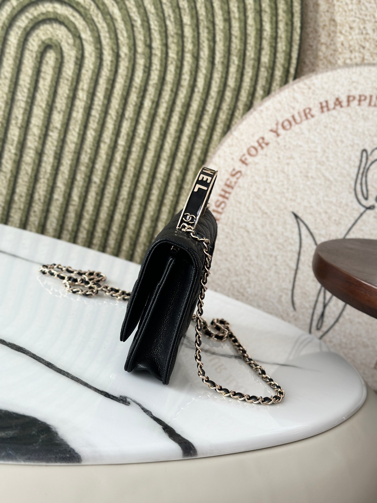 Wallet on Chain with Top Handle in Black Quilted Caviar Leather with Gold-Tone Hardware - Mocuir