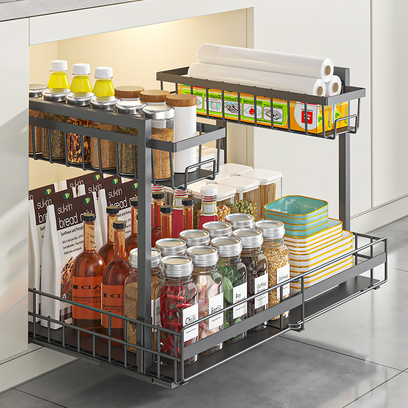 Retractable Cabinet Storage Rack Kitchen Punch-Free Drawer-Type Double-Layer Spice Basket Pull-Out Storage Rack under the Sink