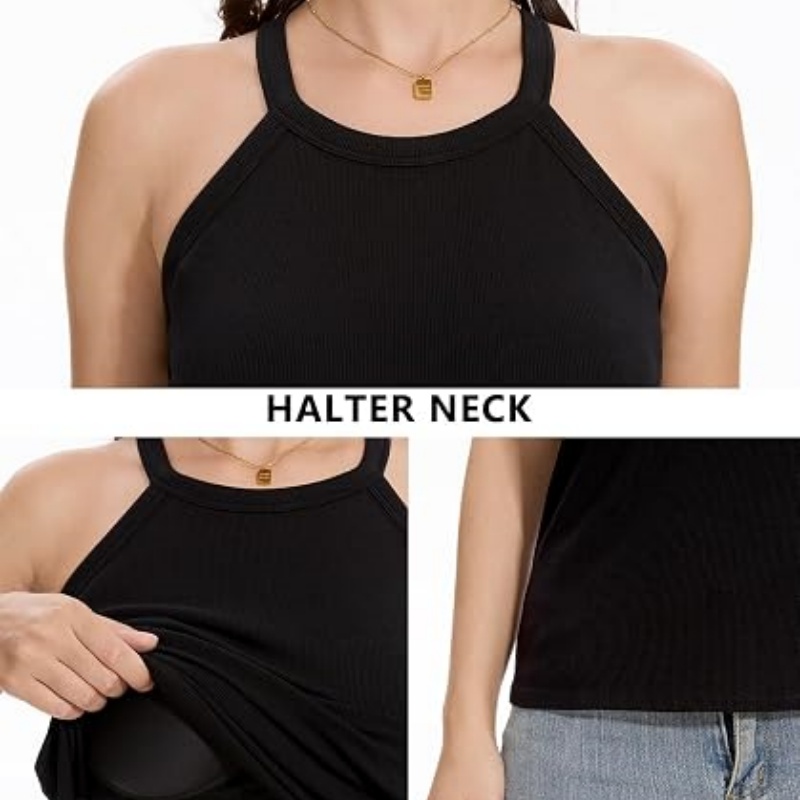 Women Ribbed Tank Tops Built in Bra Halter Tank Top Sleeveless Undershirt Tan
