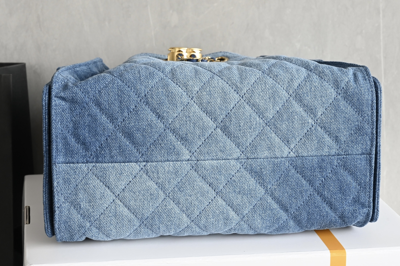 25 Small Handbag (AS5293) in Blue Washed Denim with Gold-Tone Metal Hardware - Mocuir