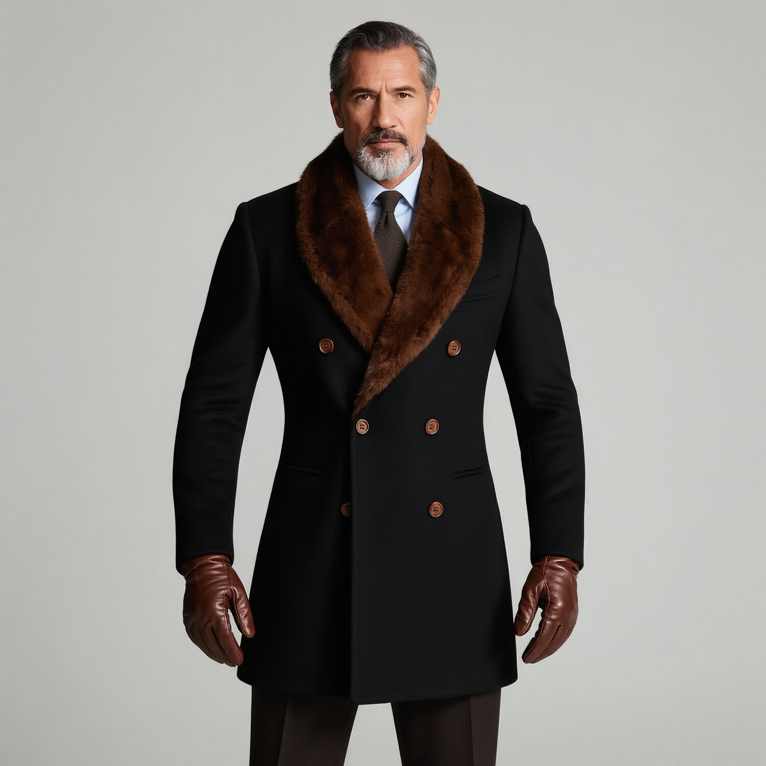 Men's Business Furry Shawl Lapel Double Breasted Long Sleeve Windproof Fur Collar Overcoat