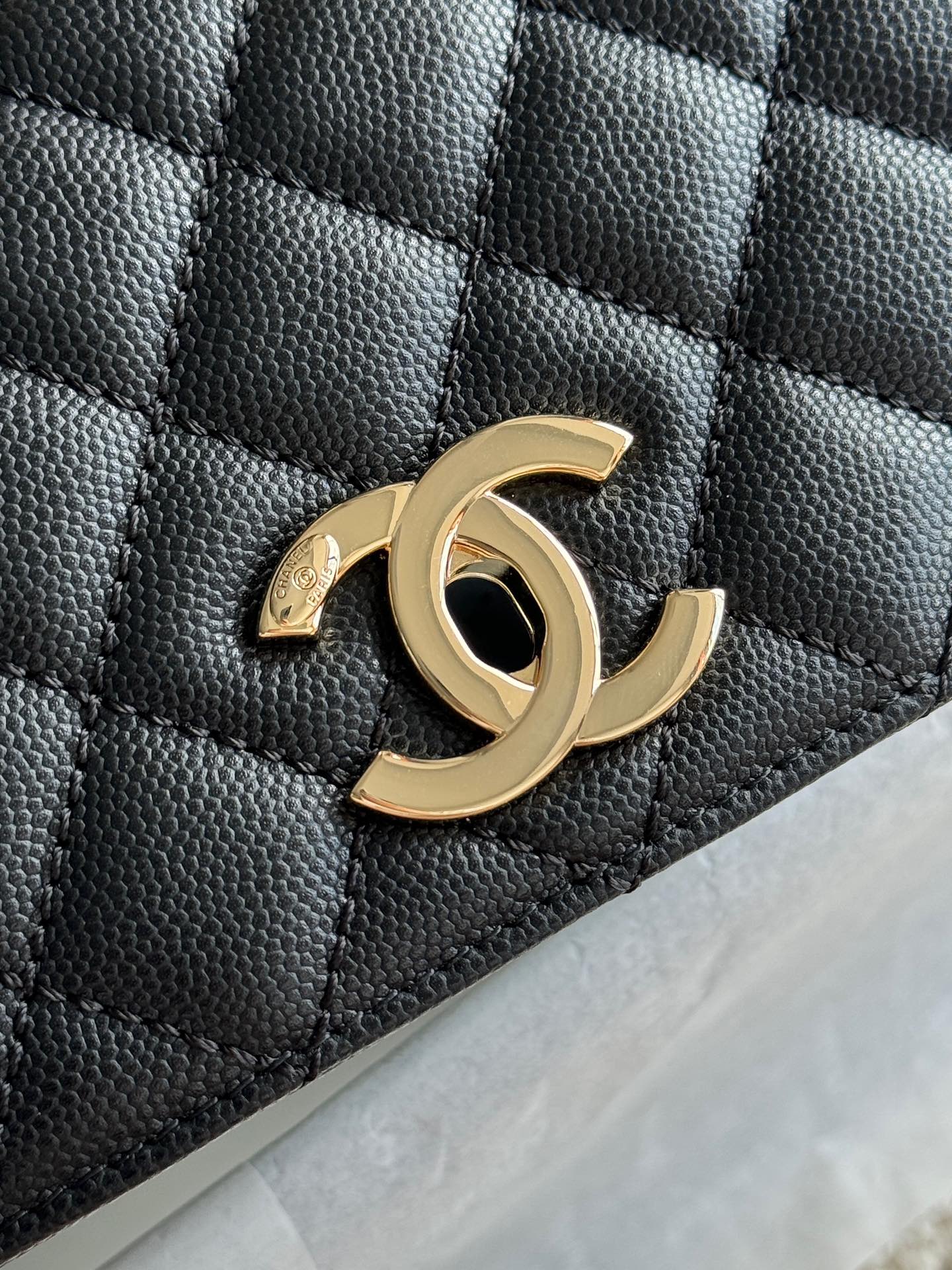 Small Coco Handle Flap Bag in Black Quilted Caviar Leather with Burgundy Lizard Handle and Light Gold-Tone Hardware - Mocuir