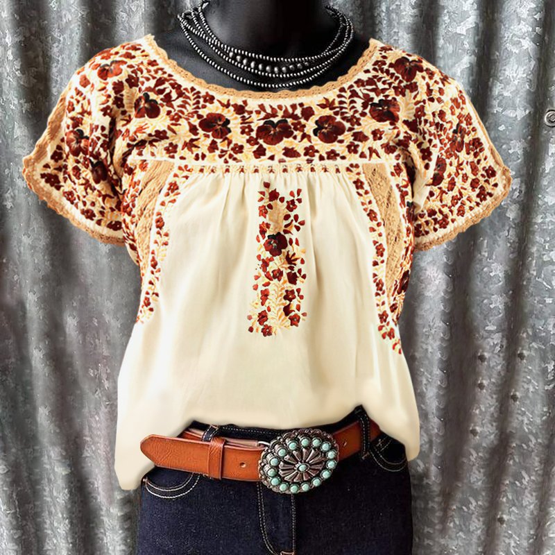 Retro flowers casual women's ​loose western graphic tees