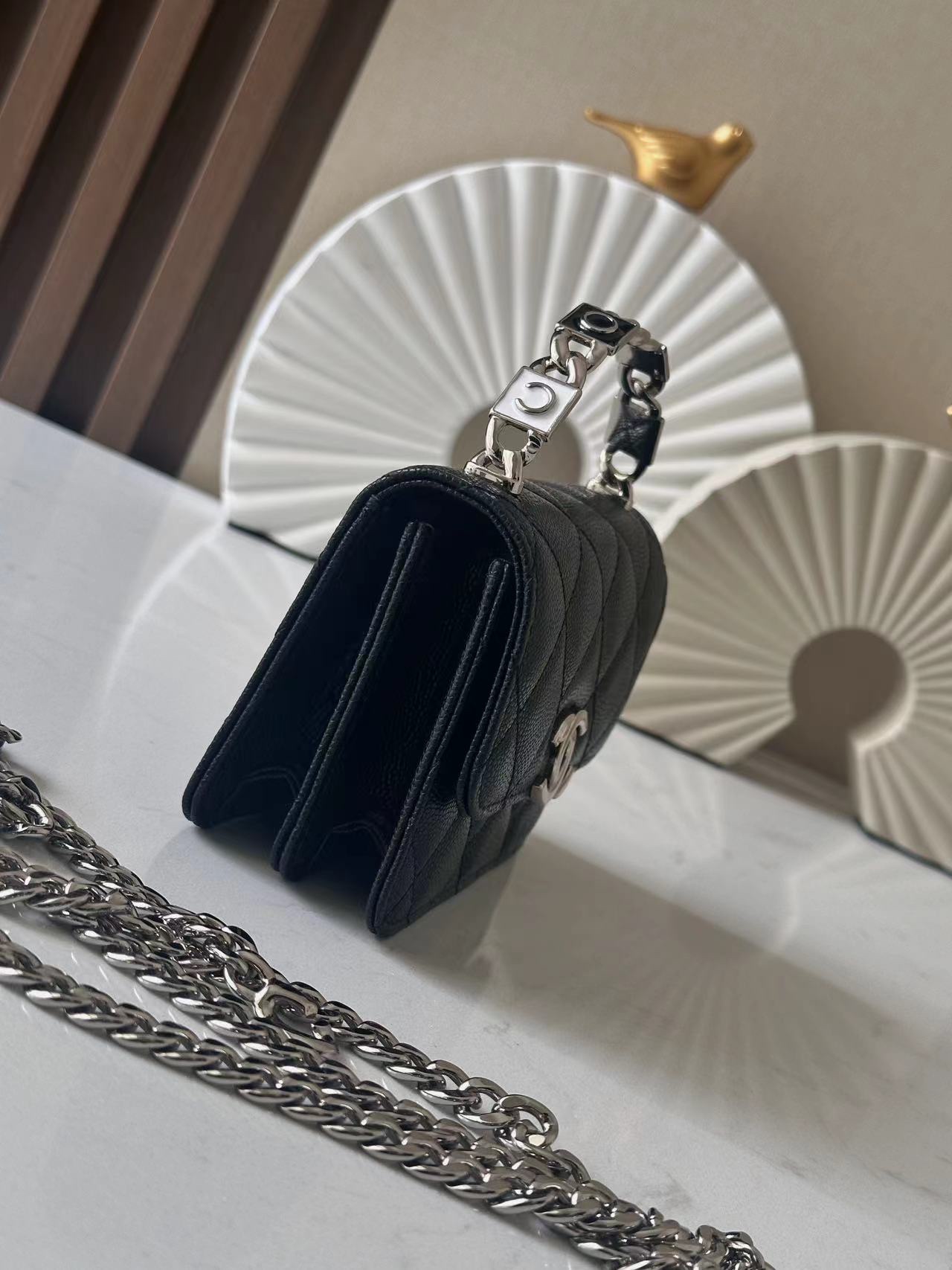 Classic Quilted Caviar Mini Flap Bag with Top Handle Chain in Black (Silver Hardware) - Mocuir