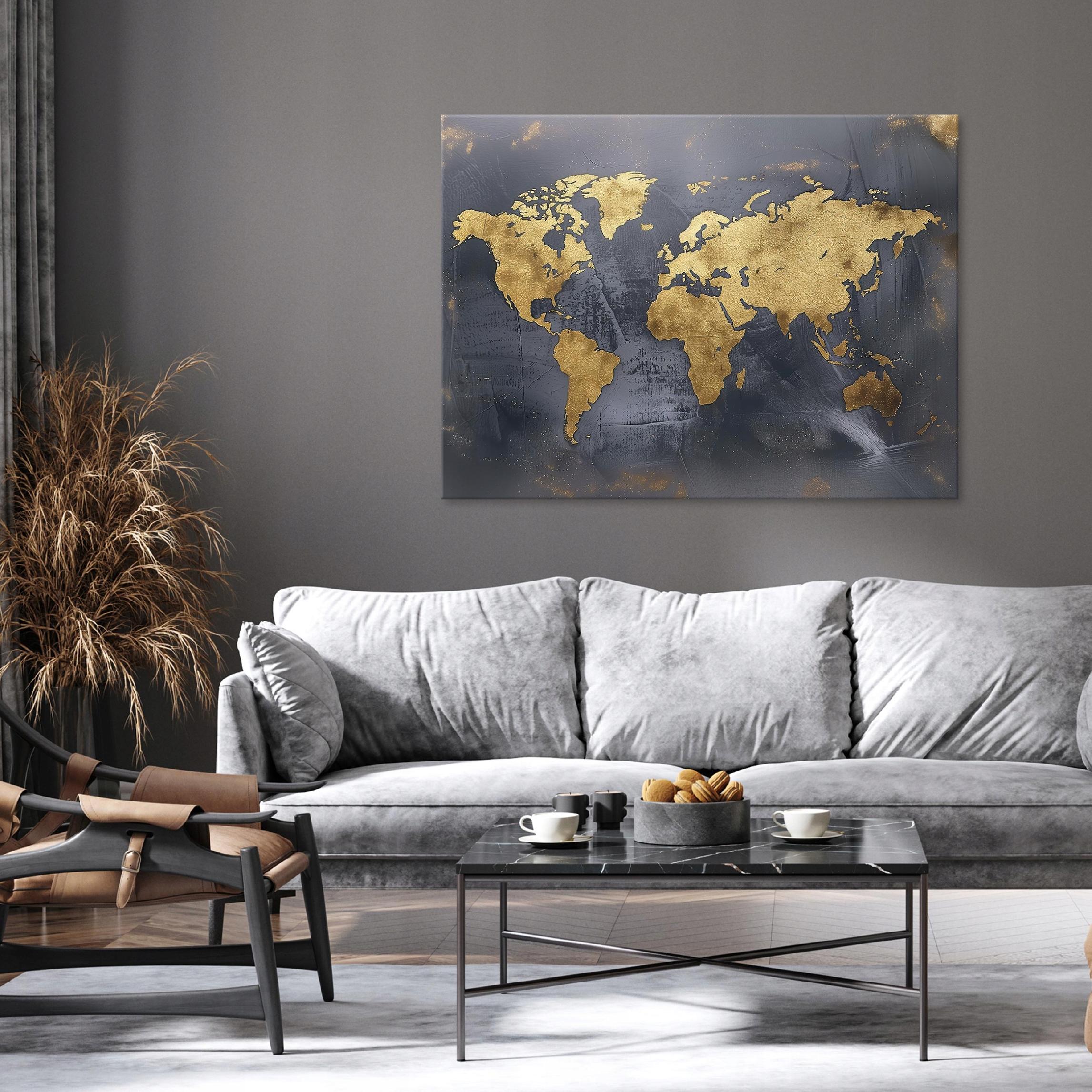 Black and gold modern world map canvas wall art, 40x30