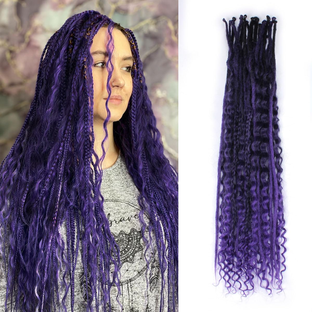 24 Inch 3 In 1 Dreadlock Extensions Sets, 30 Strands Mixed Ombre Purple Synthetic SE Dreads Extensions, 100% Handmade Soft Single Ended Curly Boho Wavy Dreads for Girls