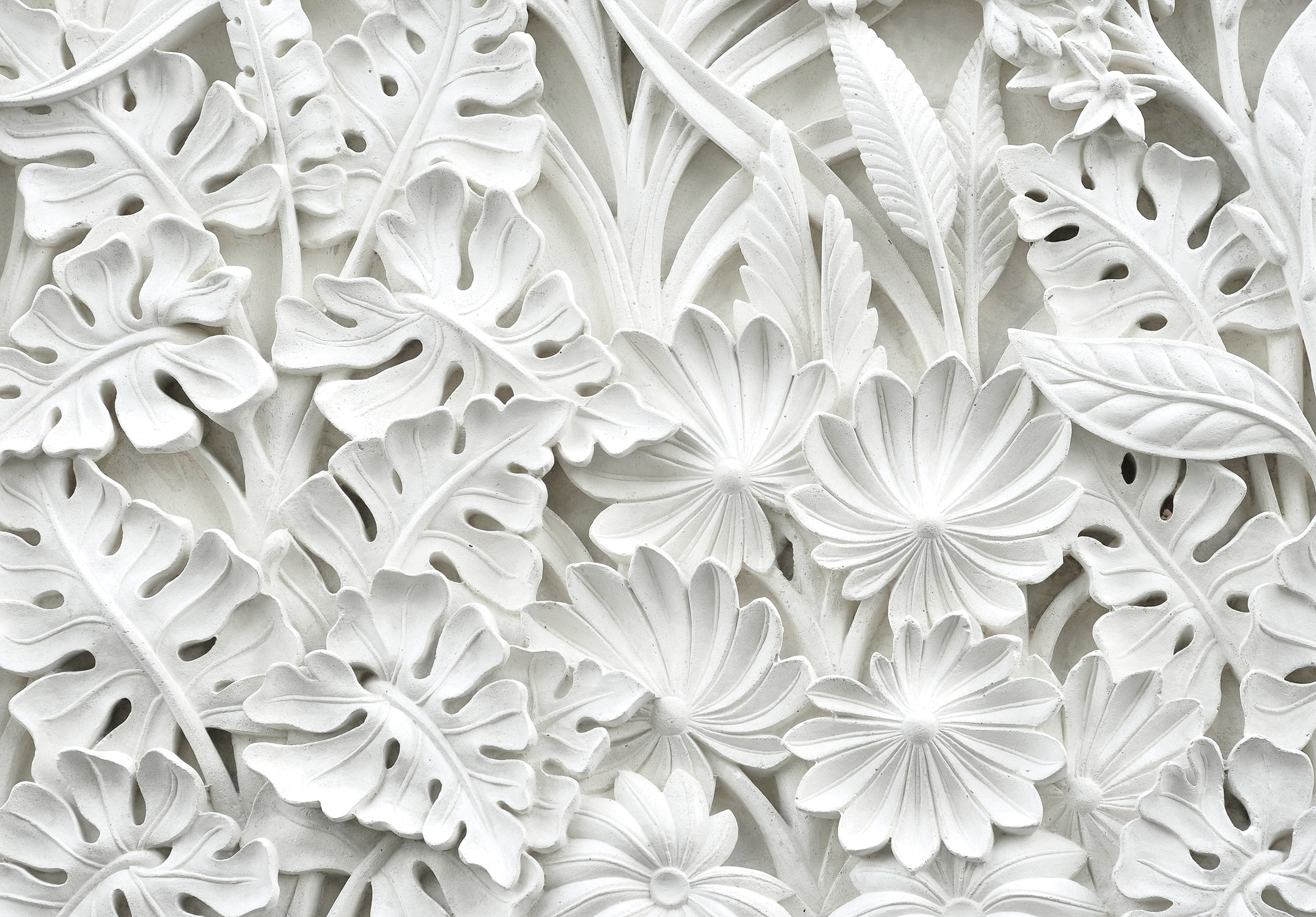 3D relief wall mural with white leaves and flowers for the living room