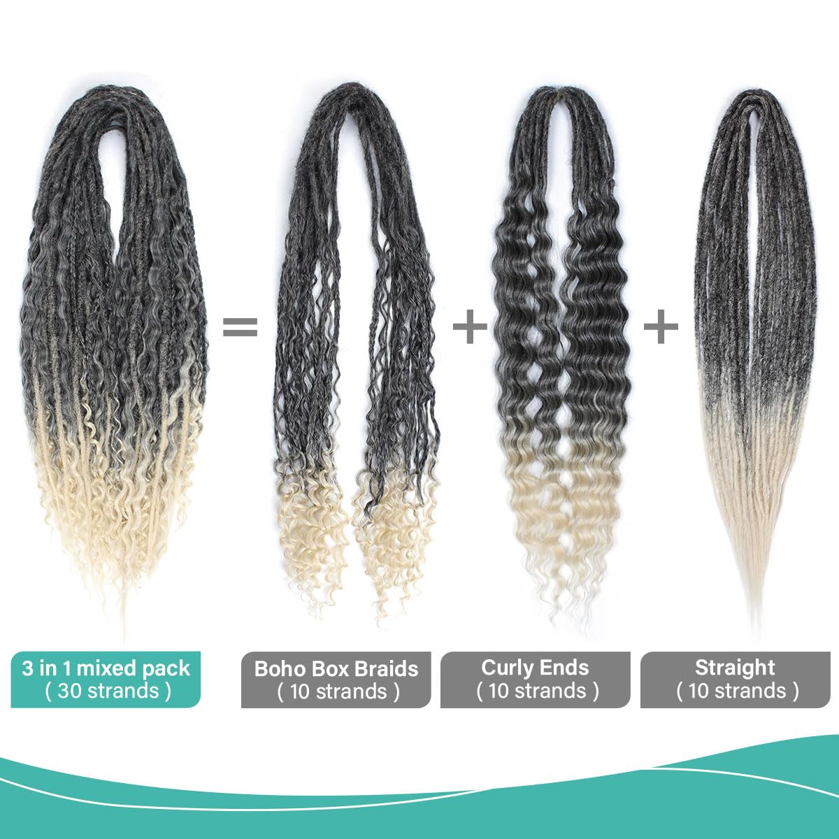 24 Inch 3 In 1 Dreadlock Extensions Sets, 30 Strands Mixed Gray to Blonde Synthetic DE Dreads Extensions, 100% Handmade Soft Double Ended Curly Boho Wavy Dreads for Girls