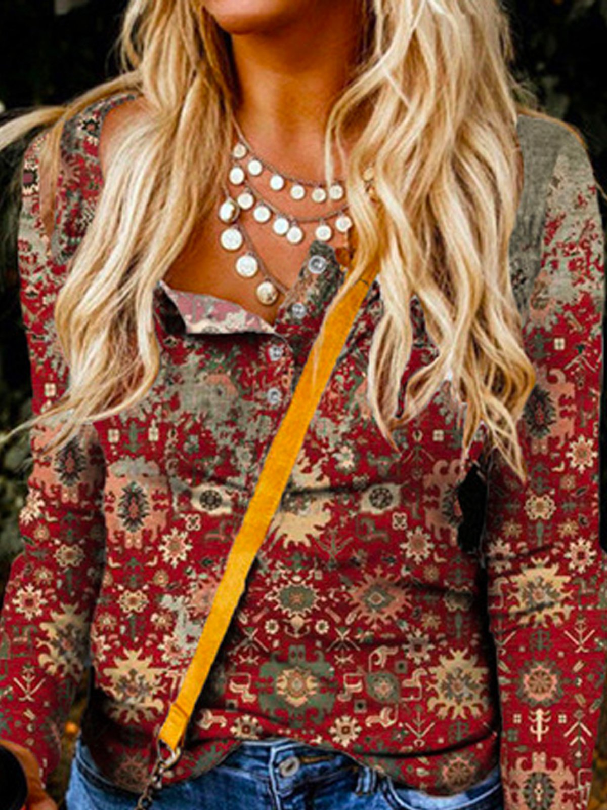 V Neck Long Sleeve Floral-Print Cotton-Blend Shirts & Tops