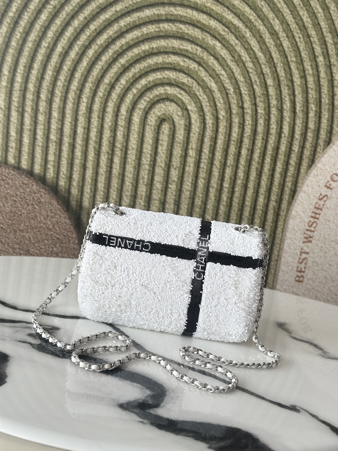 24B White & Black Sequin Bow Mini Classic Flap Bag with Silver-Tone Hardware - Mocuir