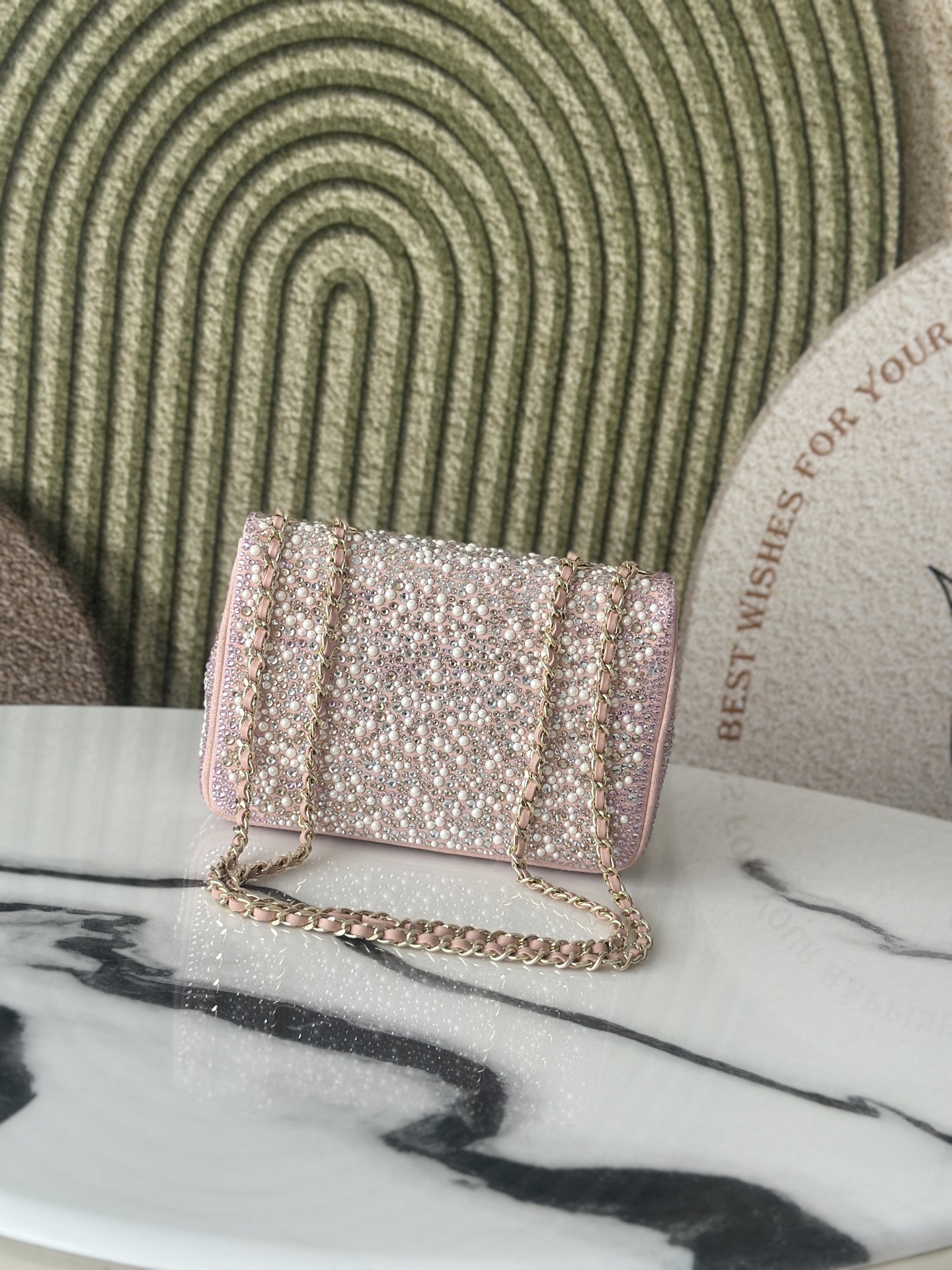 24C25C Small Classic Flap Bag in Sakura Pink Crystal & Pearl Embellished Lambskin with Light Gold-Tone Hardware - Mocuir