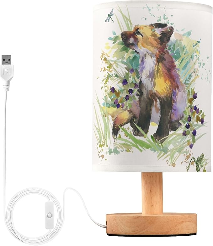 Table Lamp Fox Animal Dragonfly Frog in Floral Grass Woodland Nightstand Lamp