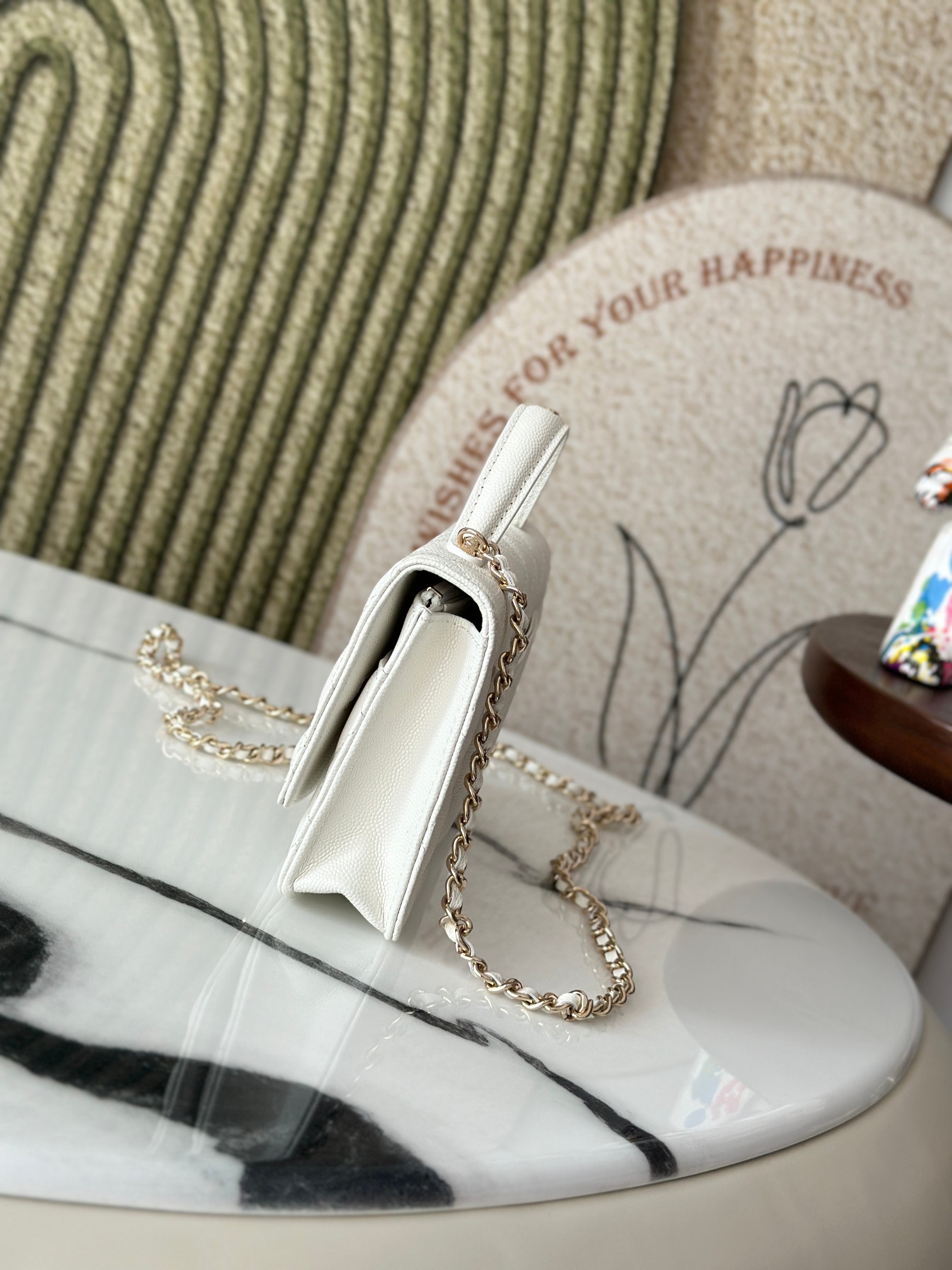 Classic Flap Mini Bag with Top Handle in White Caviar Leather with Light Gold Hardware (Model AP3341) - Mocuir