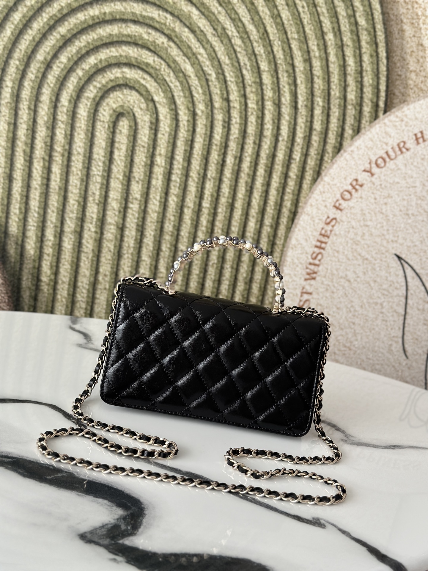 26C Black Shiny Calfskin Quilted Wallet On Chain (WOC) with Imitation Pearl & Crystal Handle - Mocuir