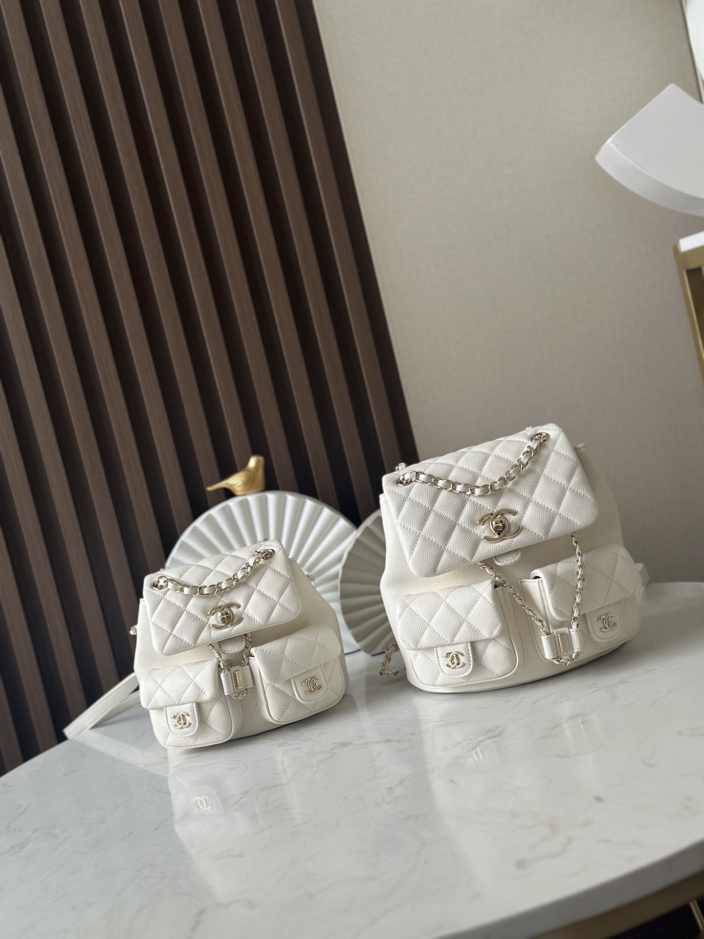 Classic Quilted Caviar Duma Backpack in White (Gold Hardware) - Mocuir