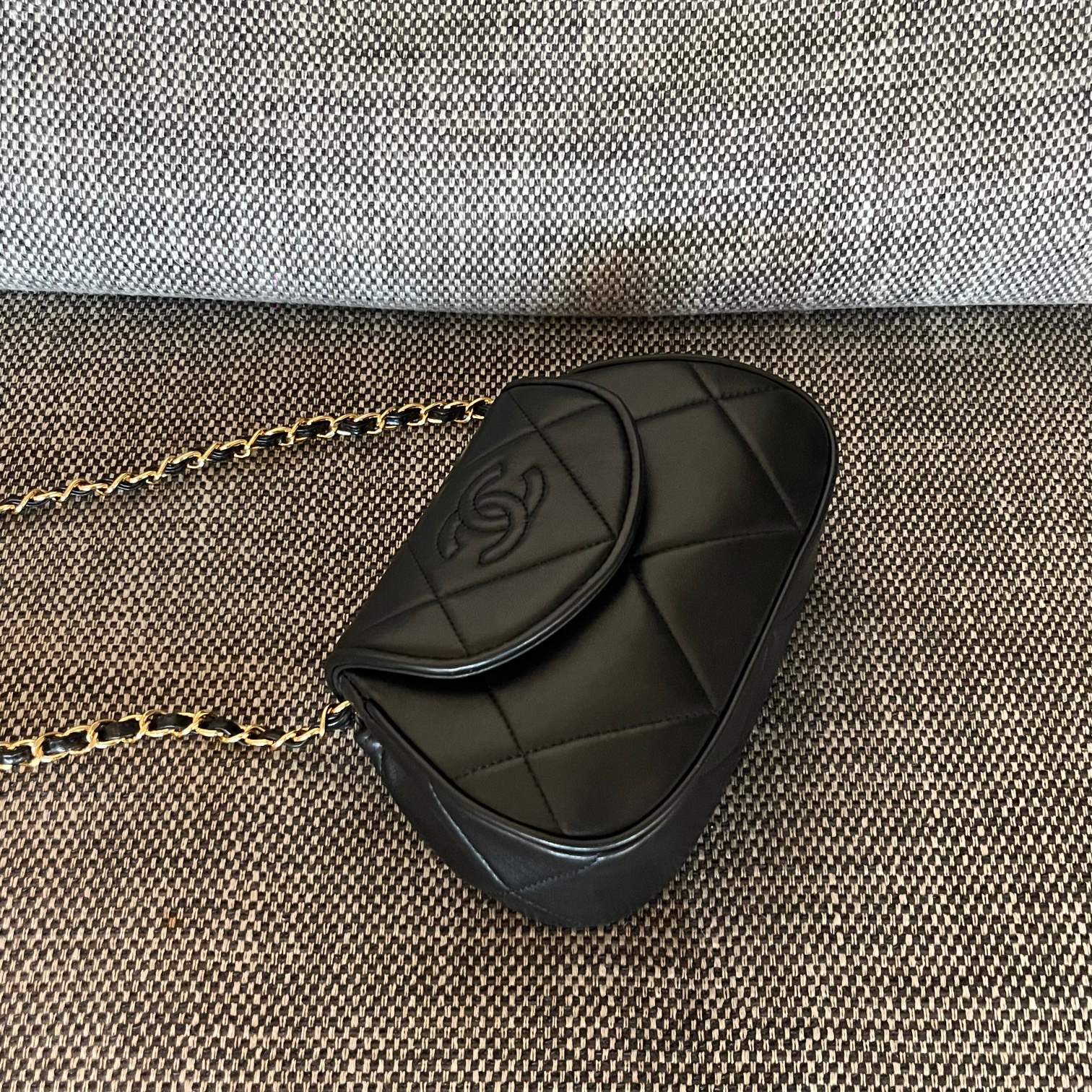 Black Quilted Lambskin Crescent-shaped Flap Handbag with Gold-Tone Hardware - Mocuir