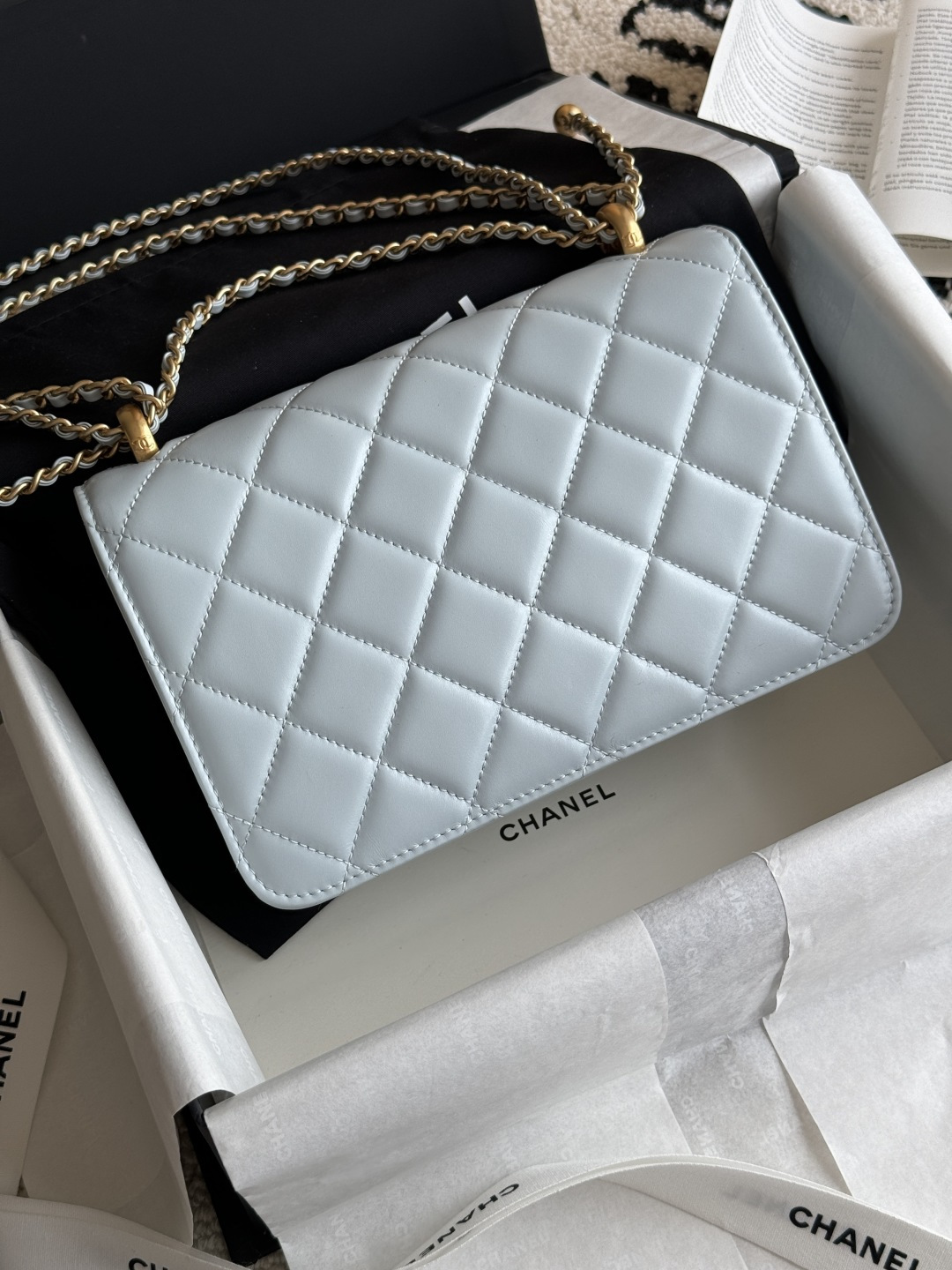 Wallet On Chain (WOC) with Double Gold Balls in Light Blue Quilted Shiny Caviar Leather with Antique Gold-Tone Hardware - Mocuir