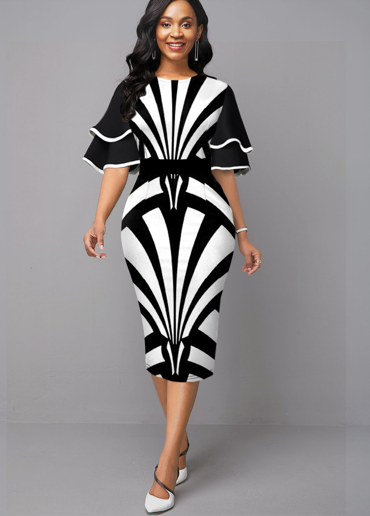 Round Neck Flare Sleeve Color Block Dress