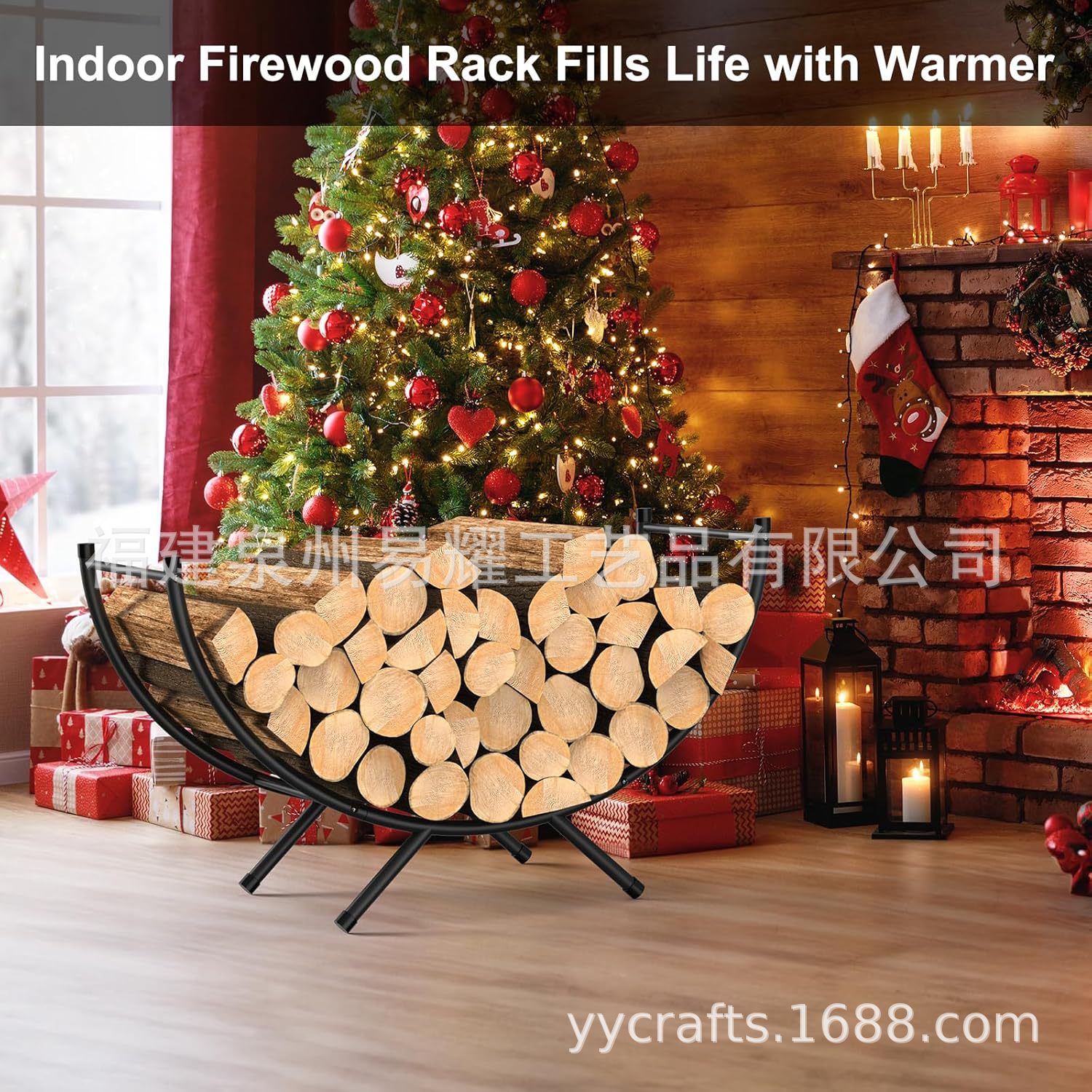 Casual Round Tube Curved Firewood Rack Metal Fireplace Firewood Storage Rack Indoor and Outdoor Suitable Wooden Rack Firewood Rack