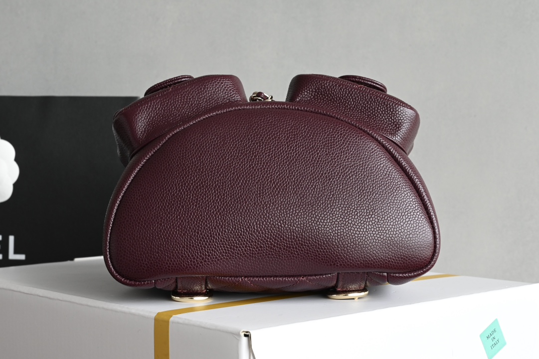 Duma Backpack in Dark Burgundy Quilted Shiny Caviar Leather with Light Gold-Tone Metal (Model AS3856) - Mocuir
