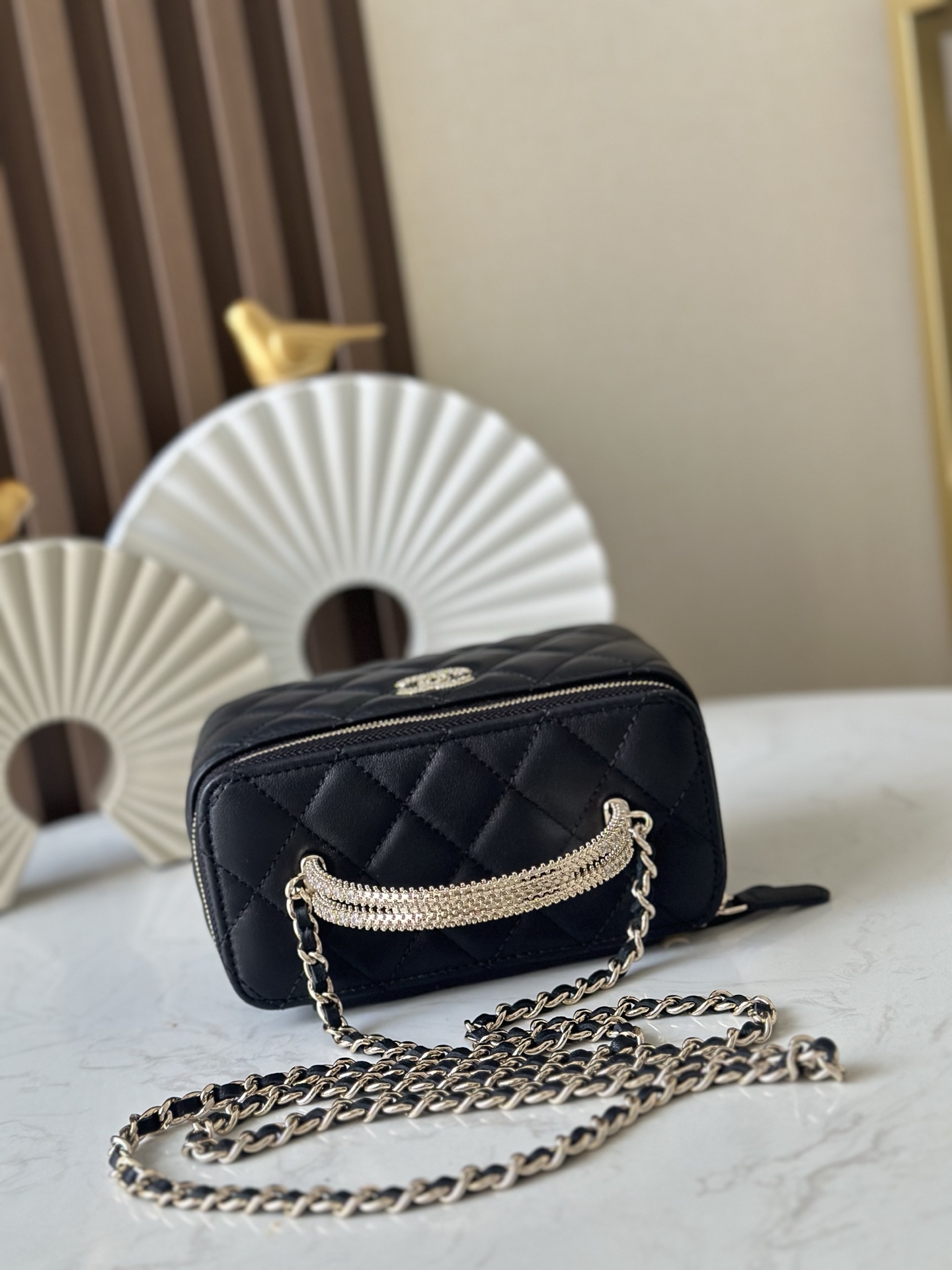 Black Lambskin Quilted Small Vanity Case with Crystal Handle (Model A66068) - Mocuir