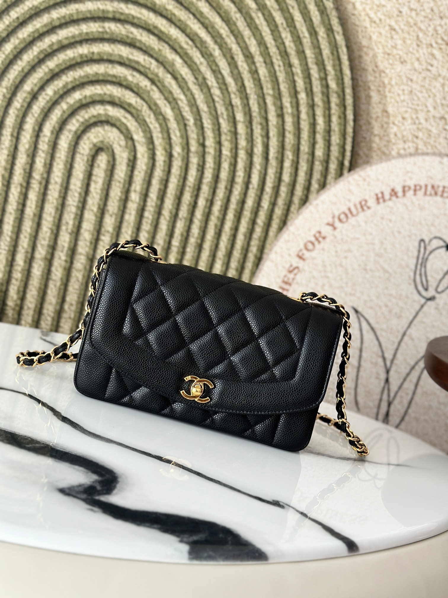 Black Caviar Quilted Medium Flap Bag with Gold Hardware - Mocuir