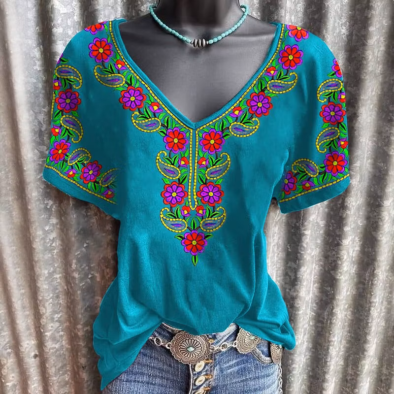Paisley Flower V-neck Casual Graphic Tees