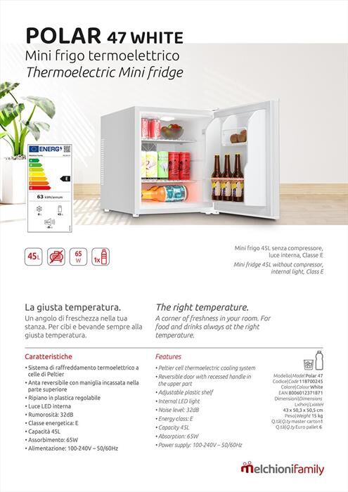 MELCHIONI FAMILY - Frigorifero 1 porta POLAR 47 Classe E 47l-bianco