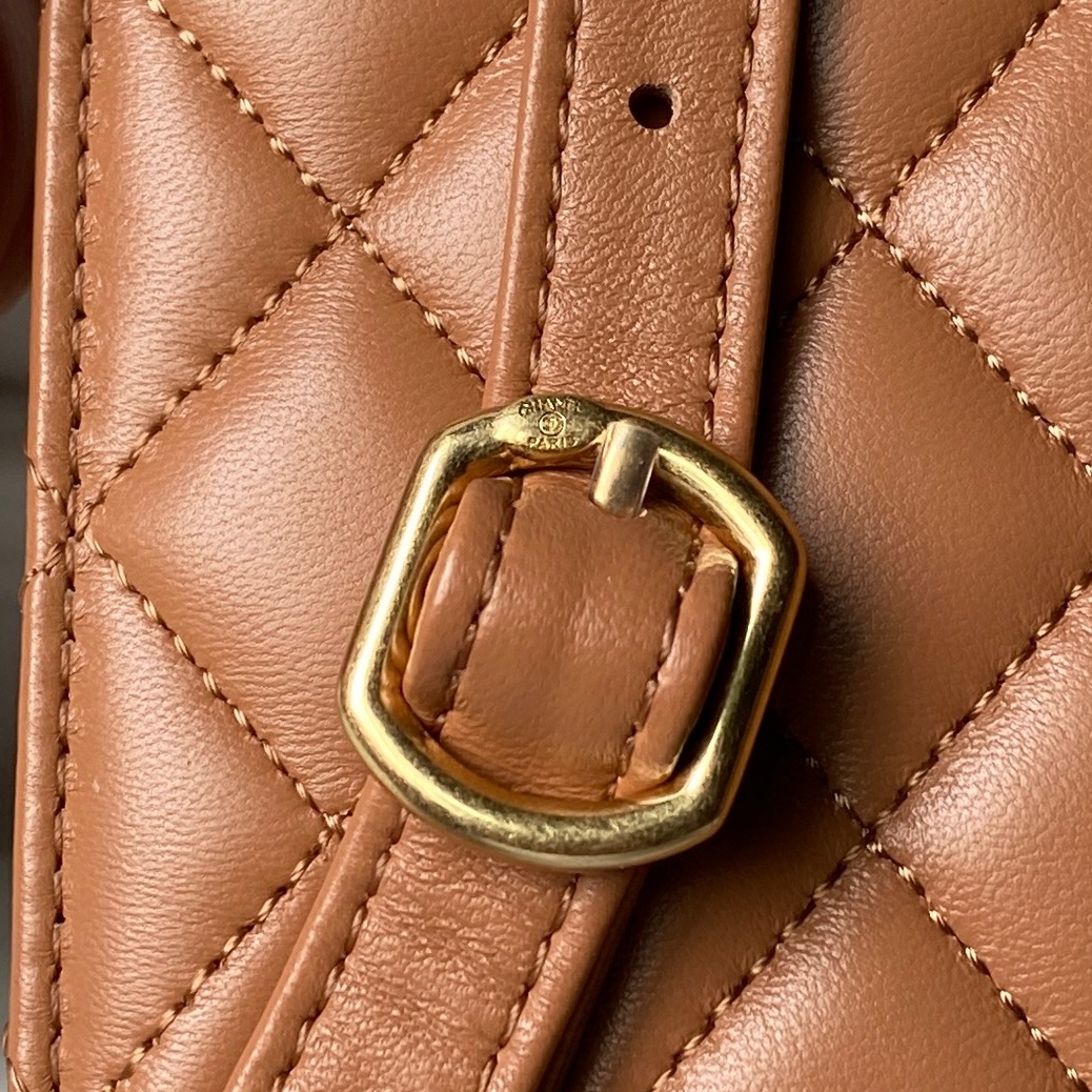 Top Handle Flap Messenger Backpack in Caramel Quilted Lambskin with Light Gold-Tone Hardware - Mocuir