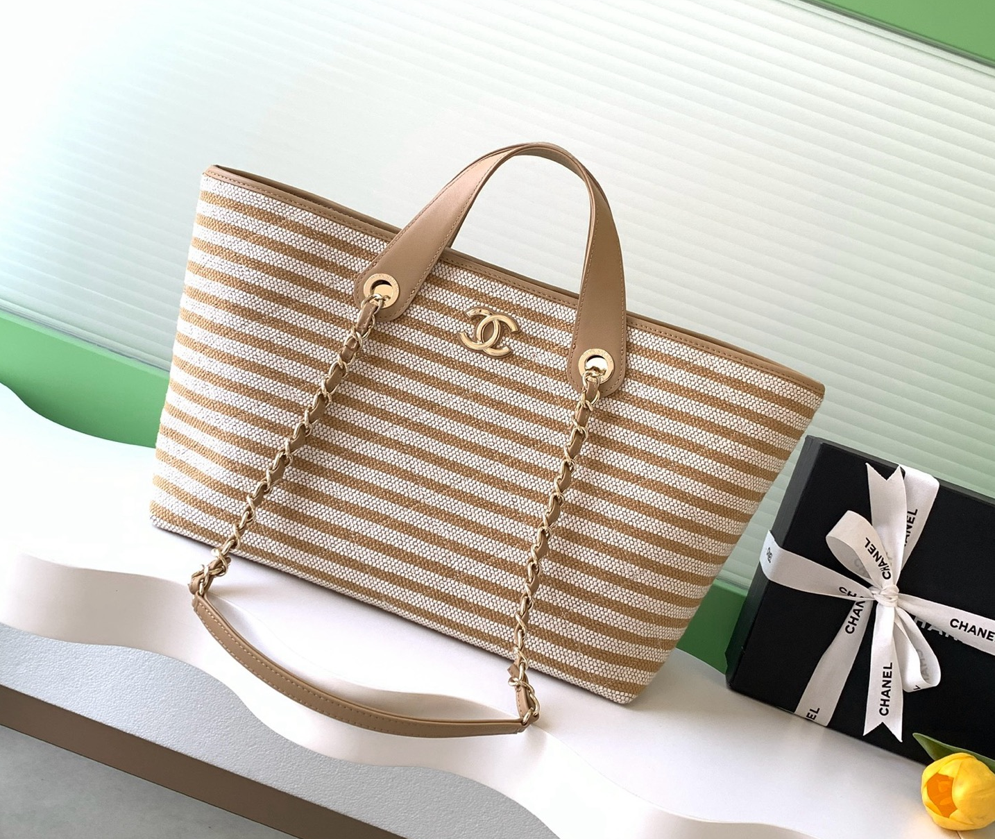 Deauville Large Striped Canvas Tote Bag in Caramel with Gold-Tone Hardware - Mocuir