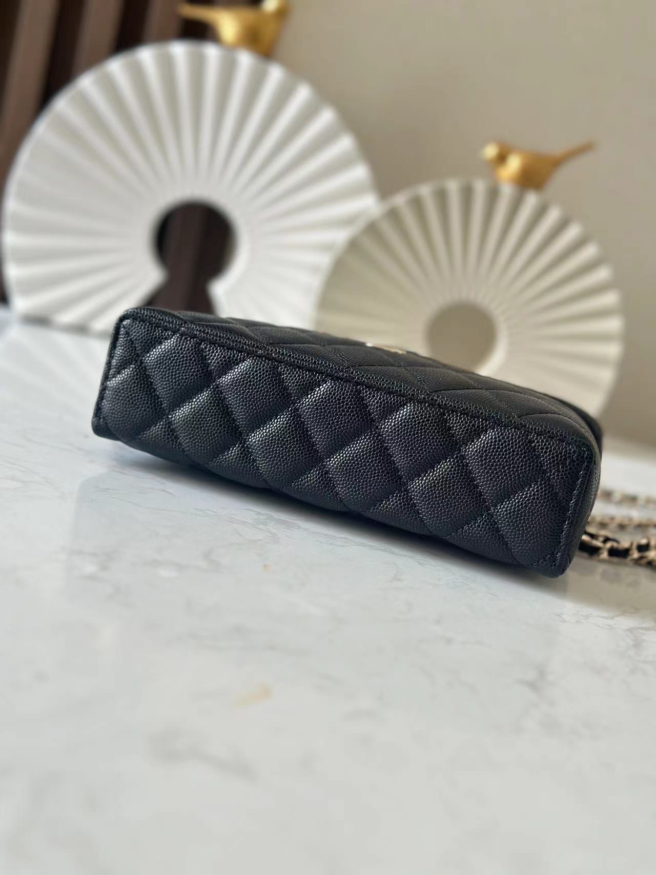 Black Caviar Quilted Long Vanity Case (LP Style) with Gold Hardware - Mocuir