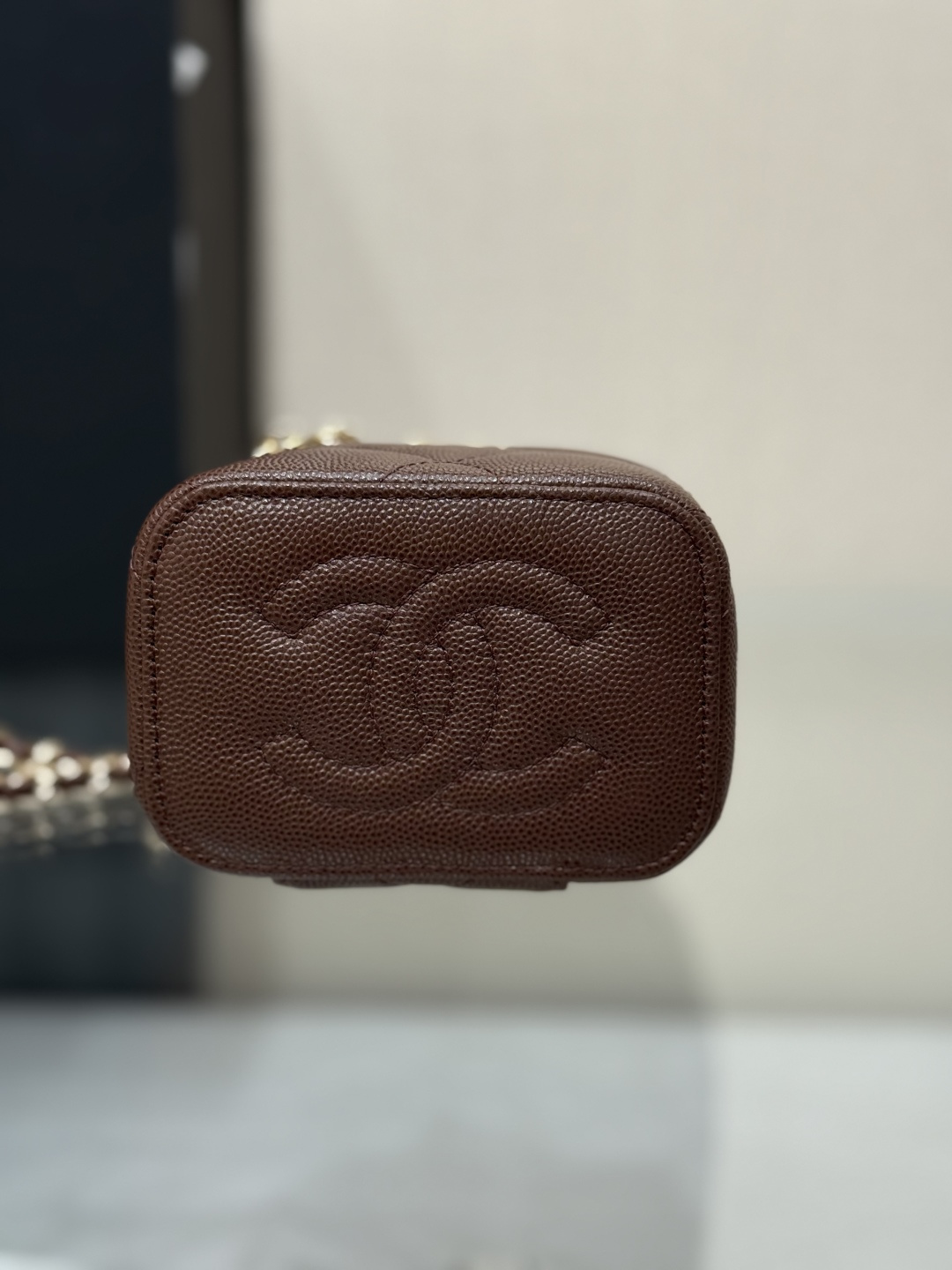 Mini Top Handle Vanity Case (AS5993) in Dark Brown Quilted Grained Calfskin (Caviar) with Antique Gold-Tone Hardware - Mocuir