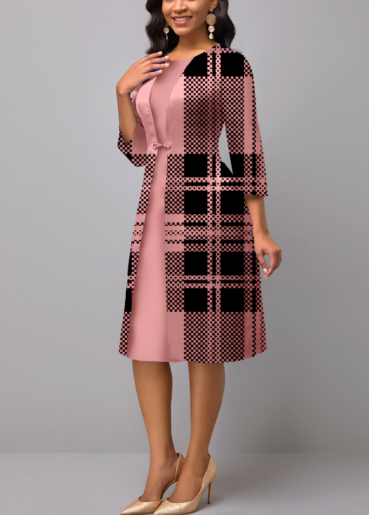 Pink 3/4 Sleeve Plaid Faux Two Piece Dress
