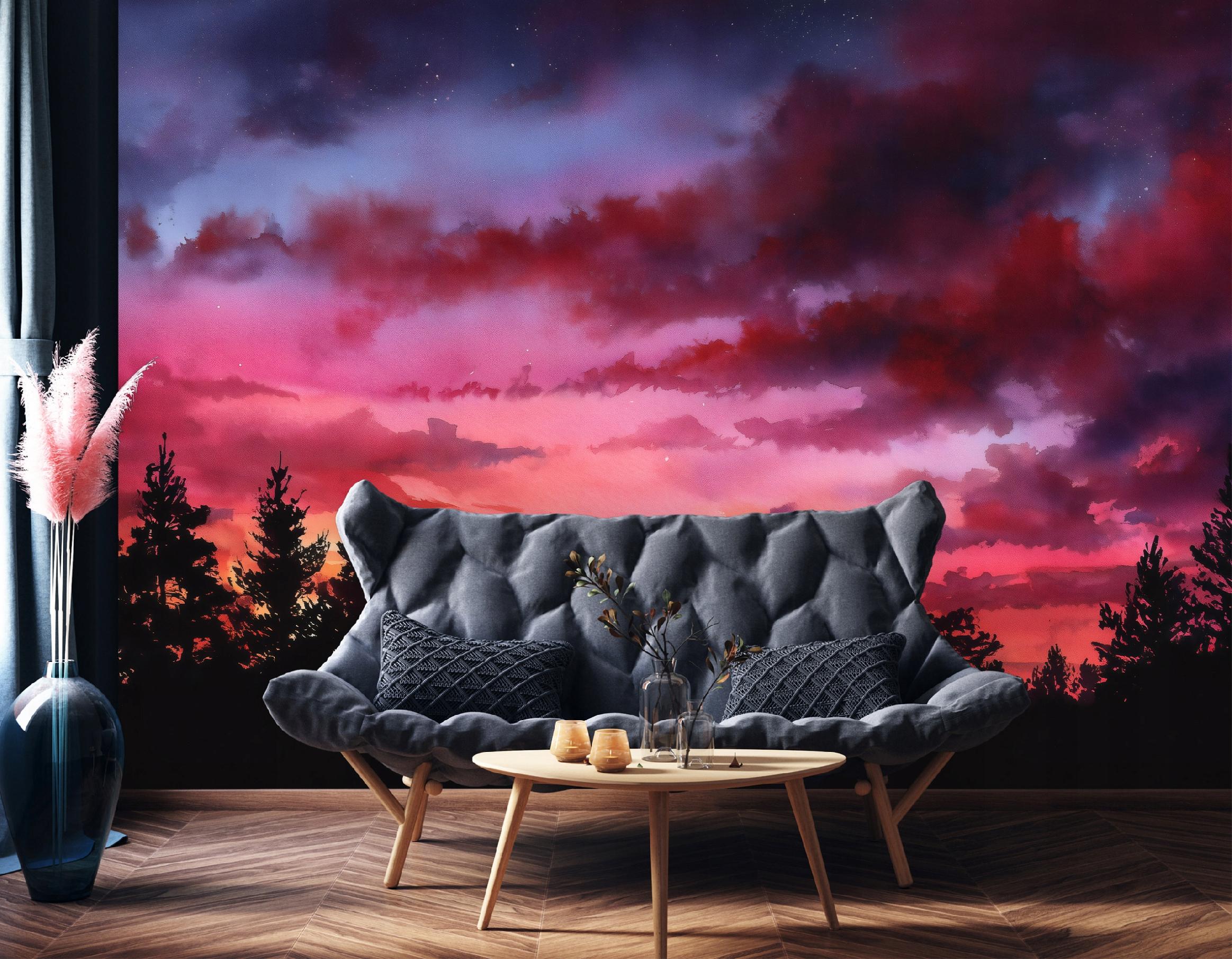 Watercolor landscape wall mural for the bedroom or living room, non-woven wallpaper,