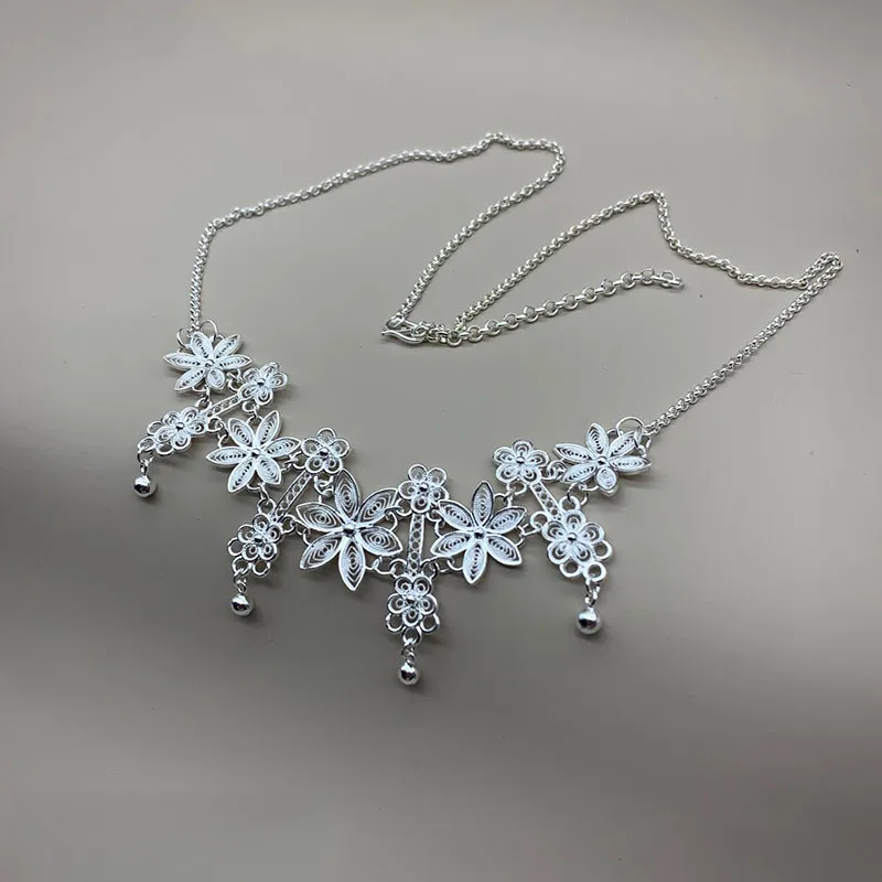 Delicate Flower Shy Ethnic Style Filigree Craftsmanship 99% Pure Silver Necklace