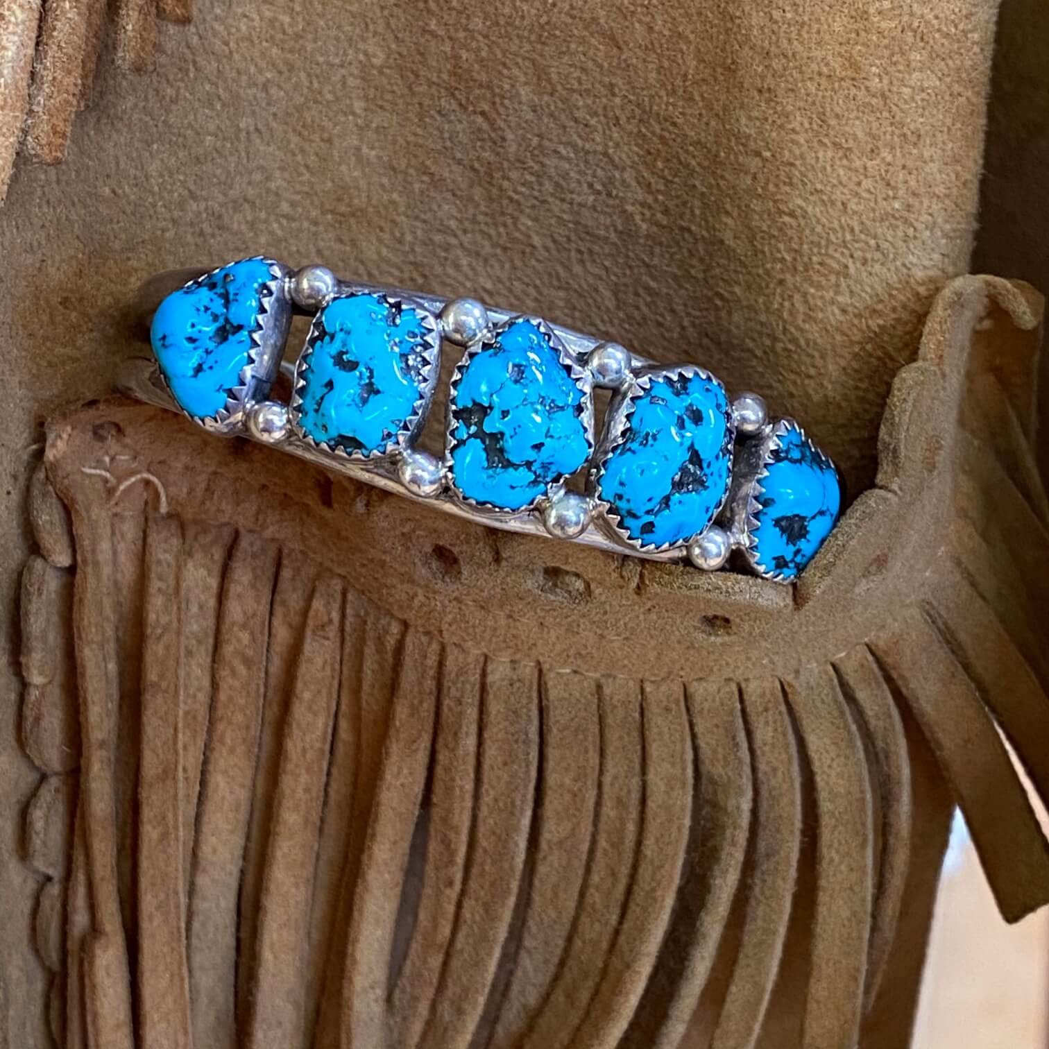 Navajo Sterling Silver Row Bracelet Nugget Turquoise Vintage