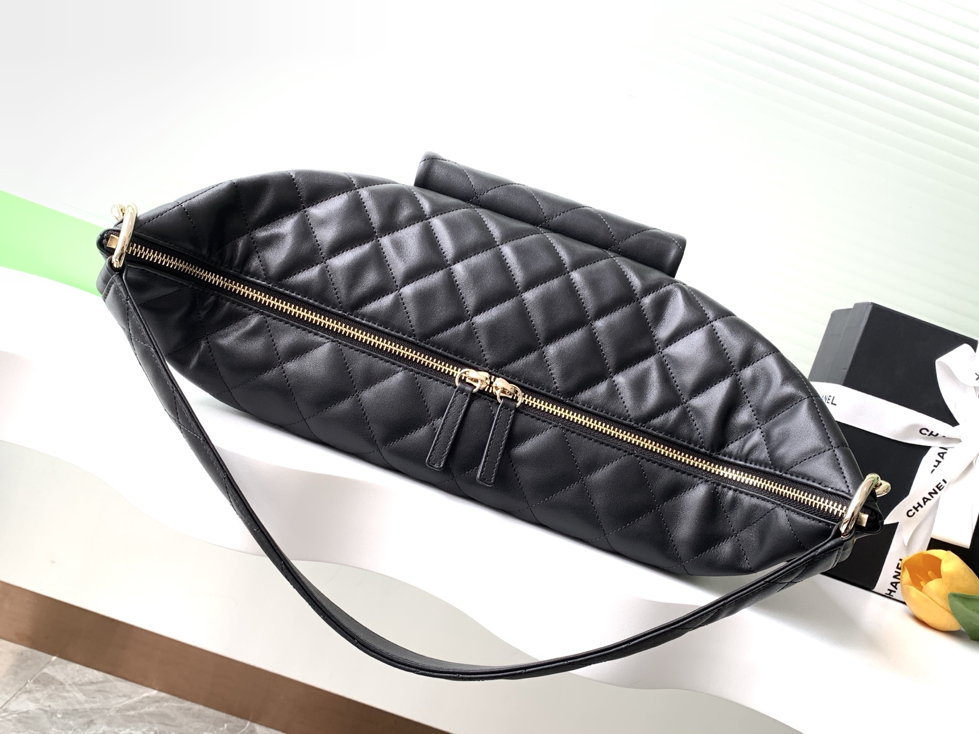 Large Hobo Travel Bag in Black Quilted Calfskin with Light Gold-Tone Hardware - Mocuir