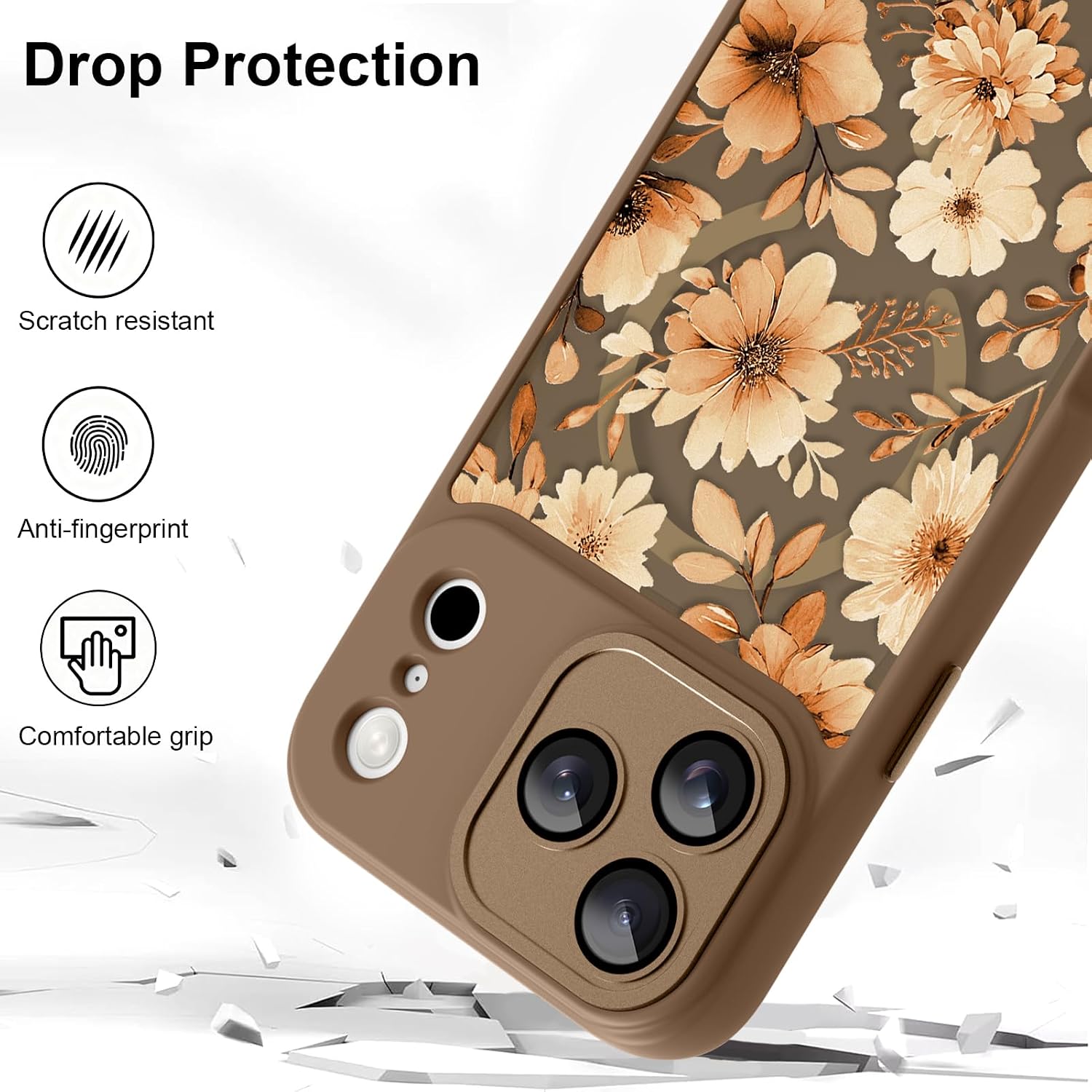 for iPhone 17 Pro Max Case Pretty Floral Flowers Pattern Brown| [Compatible with Magsafe] Full Camera Protection for Women Girls Drop-Proof Shockproof Protective Magnetic Cover