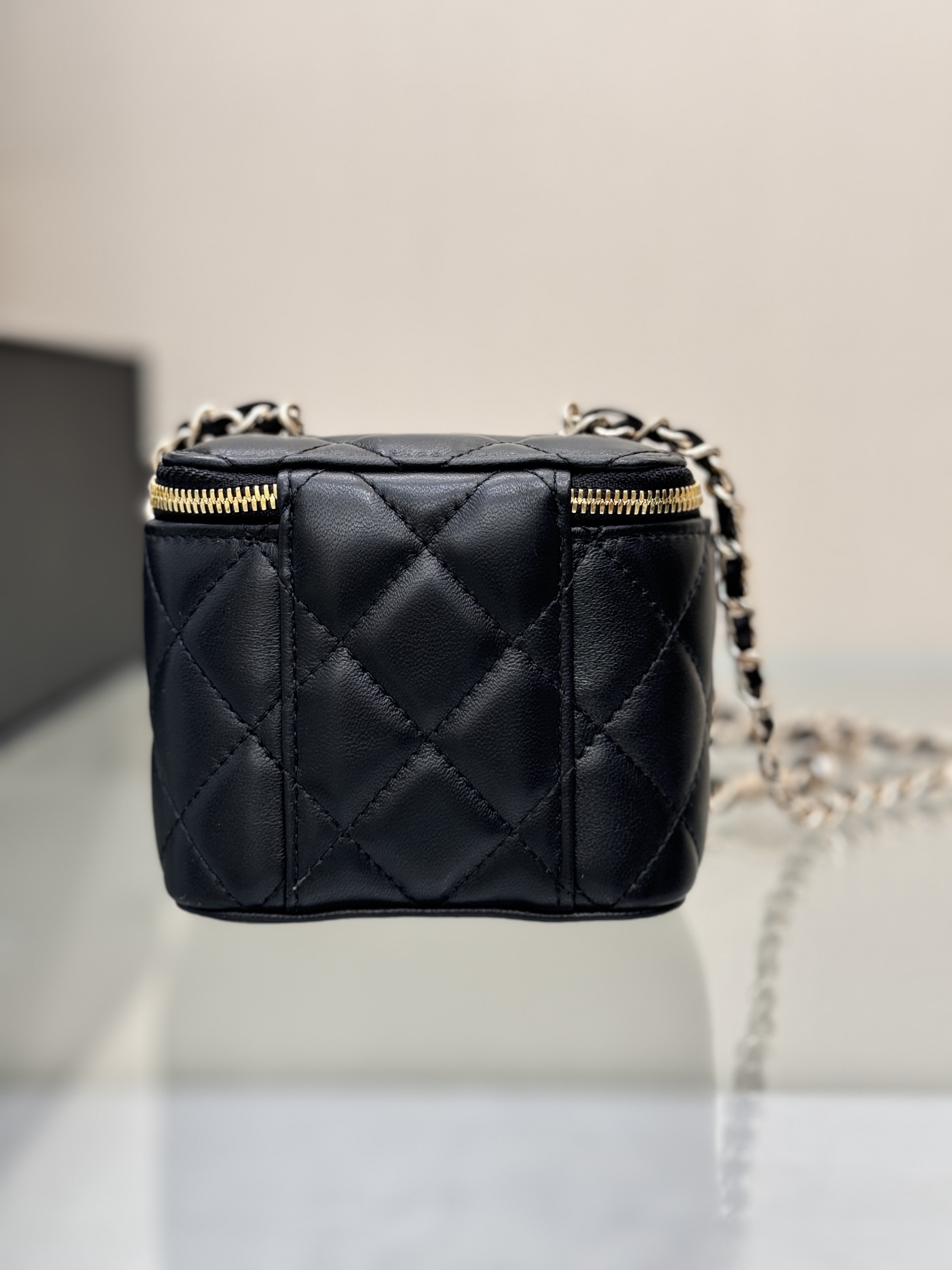 Mini Vanity Case with Chain in Black Quilted Calfskin with Crystal CC Logo & Light Gold-Tone Hardware - Mocuir