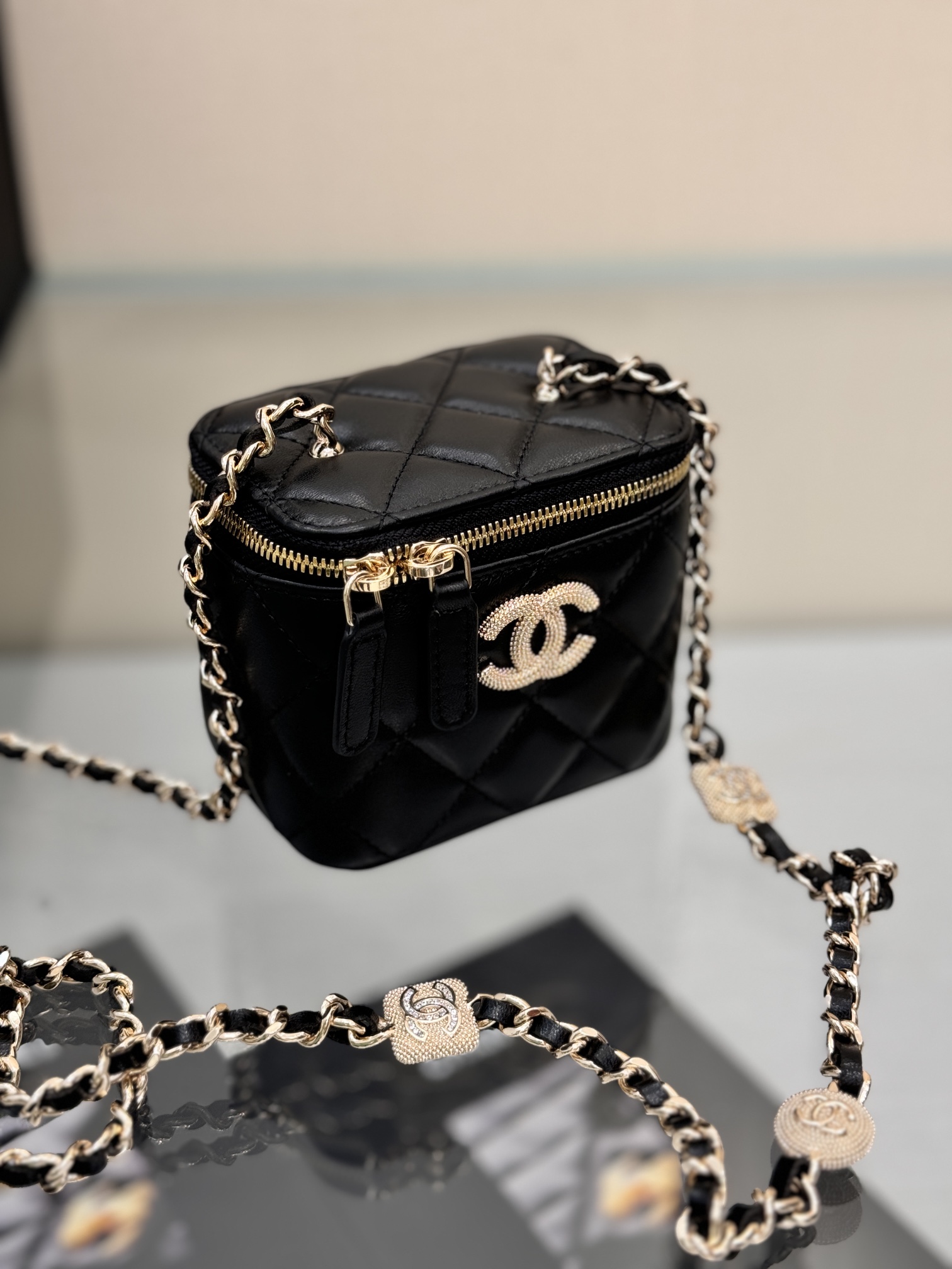 Mini Vanity Case with Chain in Black Quilted Calfskin with Crystal CC Logo & Light Gold-Tone Hardware - Mocuir