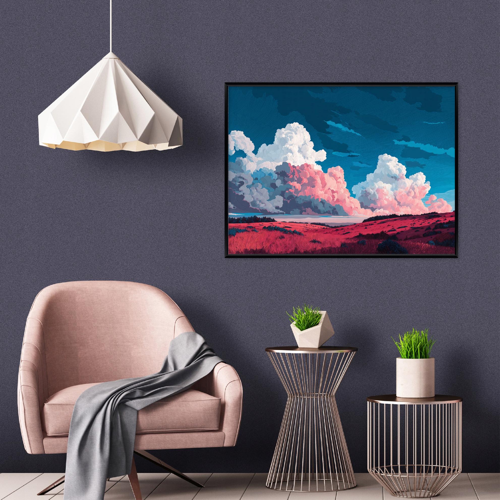Black-framed painting on canvas, landscape watercolor, living room, bedroom, 40x30