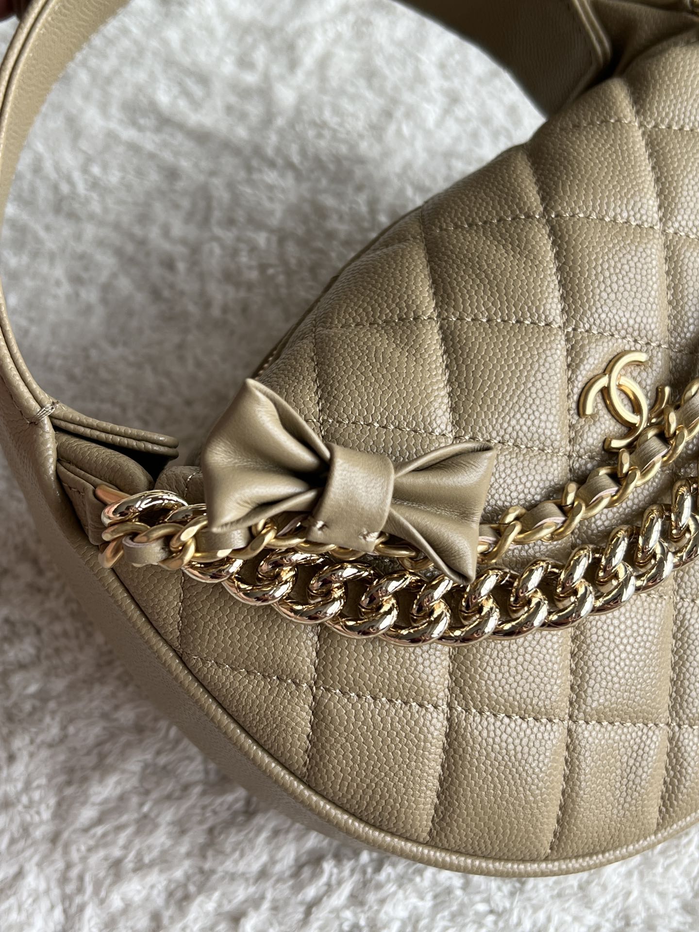 24S Half Moon Hula Hoop Bag in Dark Beige Quilted Caviar Leather with Light Gold-Tone Hardware and Bow Detail - Mocuir
