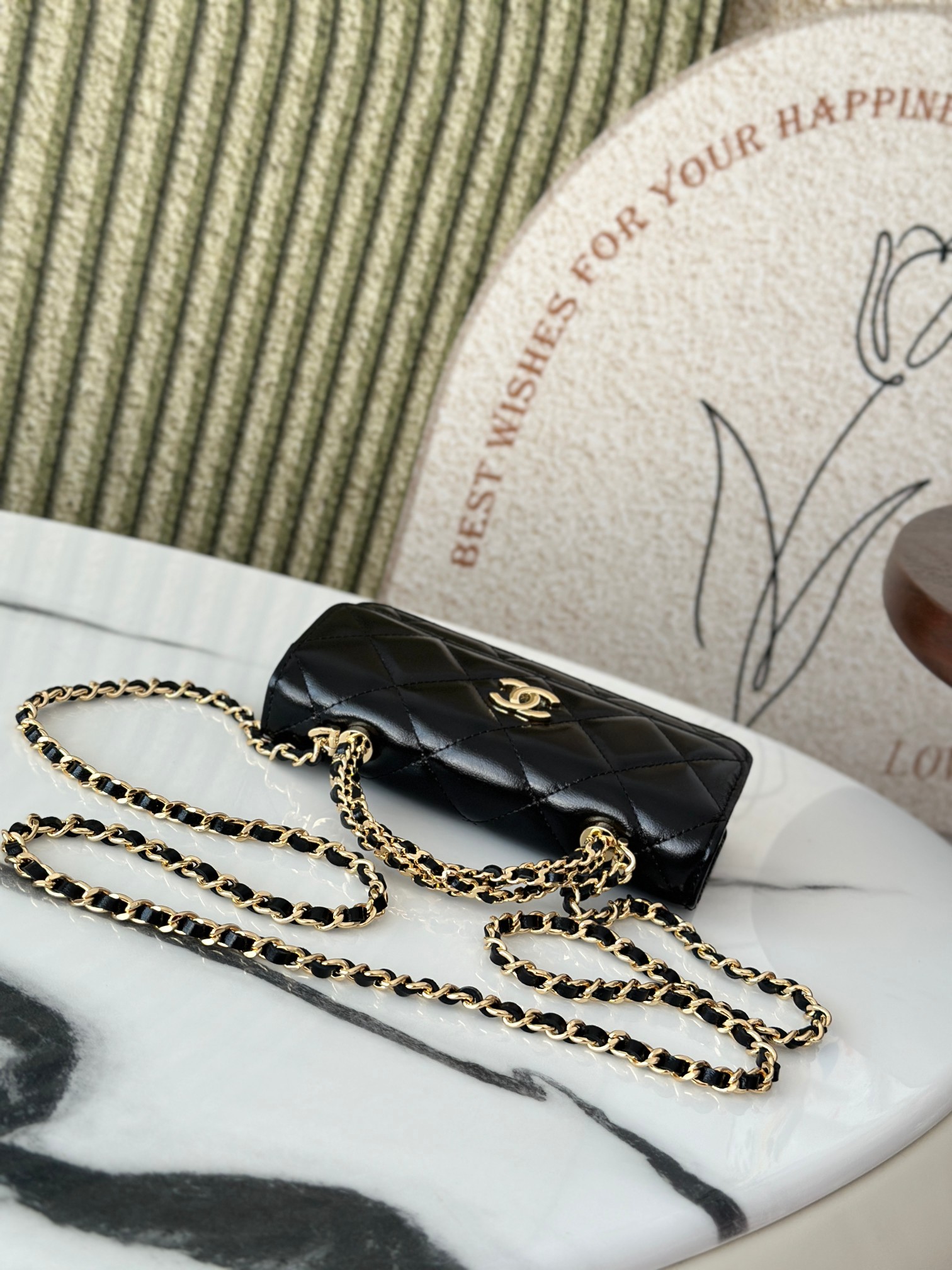 Black Shiny Calfskin Mini Flap Bag with Chain Handle (Model AP3656) - Mocuir