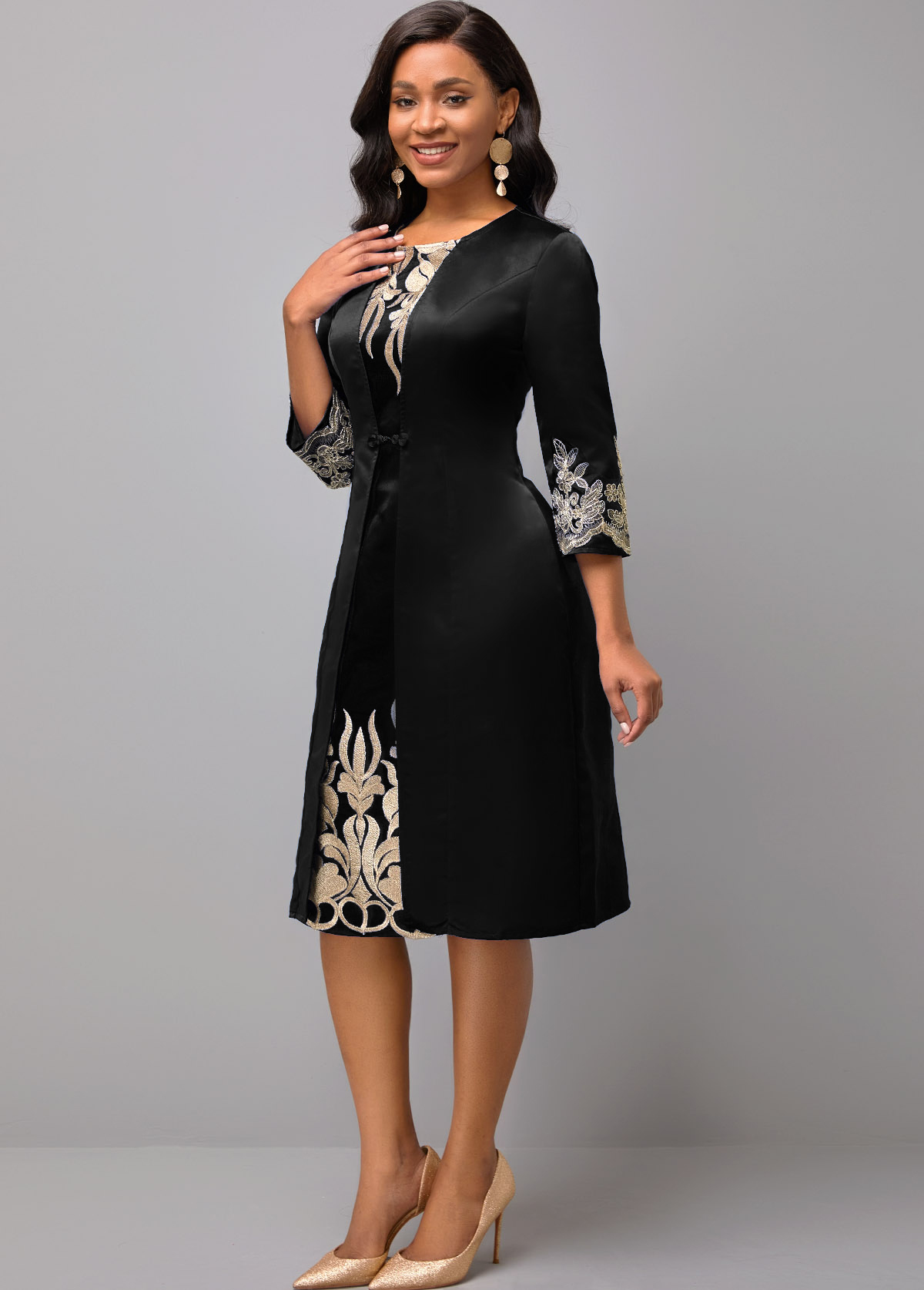 3/4 Sleeve Round Neck Embroidered Dress