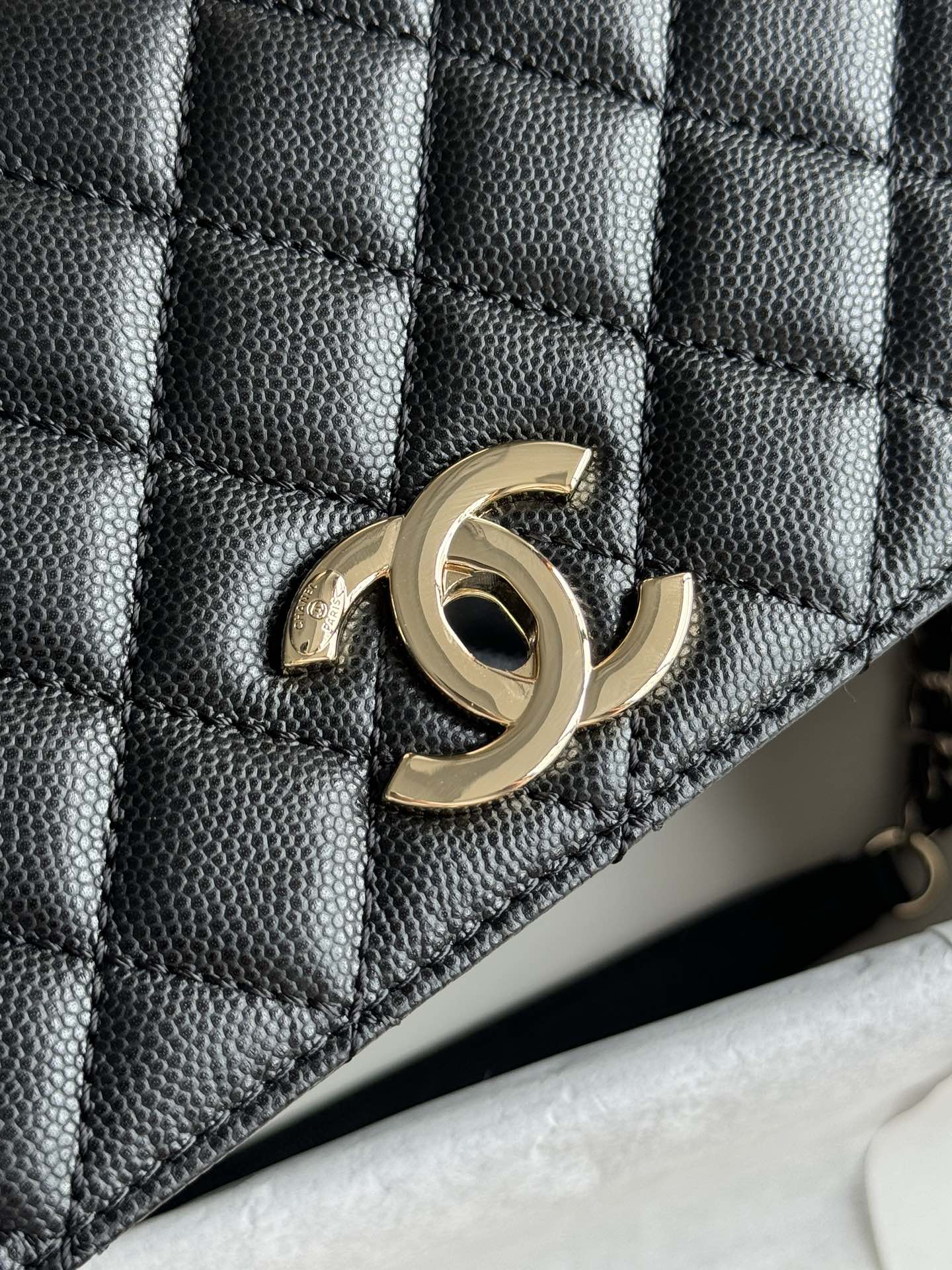 Small Coco Handle Flap Bag in Black Quilted Caviar Leather with Light Gold-Tone Hardware - Mocuir