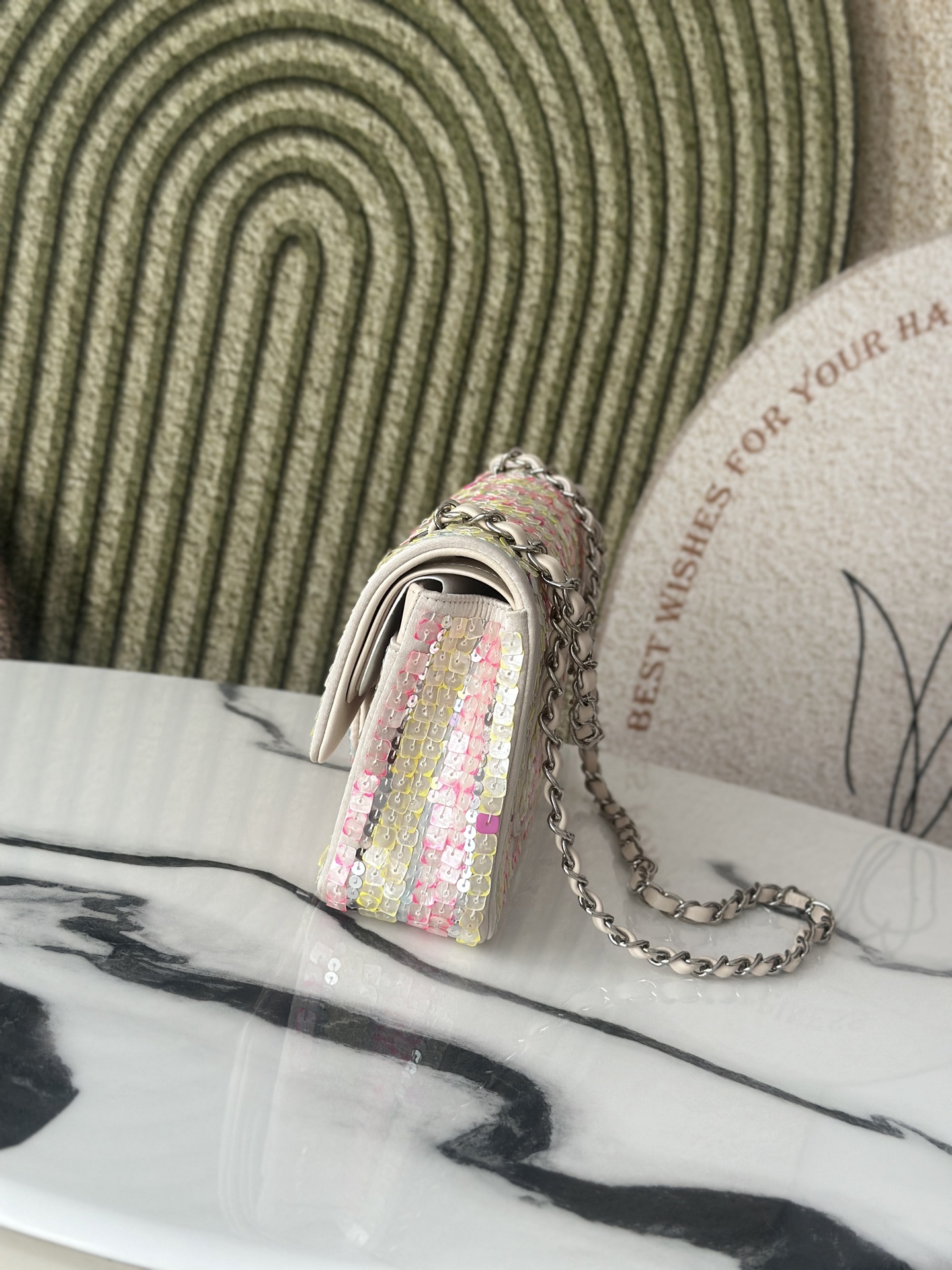 24A Mini Classic Flap Bag (AS3269) in Multicolor Striped Hand-Embroidered Sequins on Lambskin with Silver-Tone Hardware - Mocuir