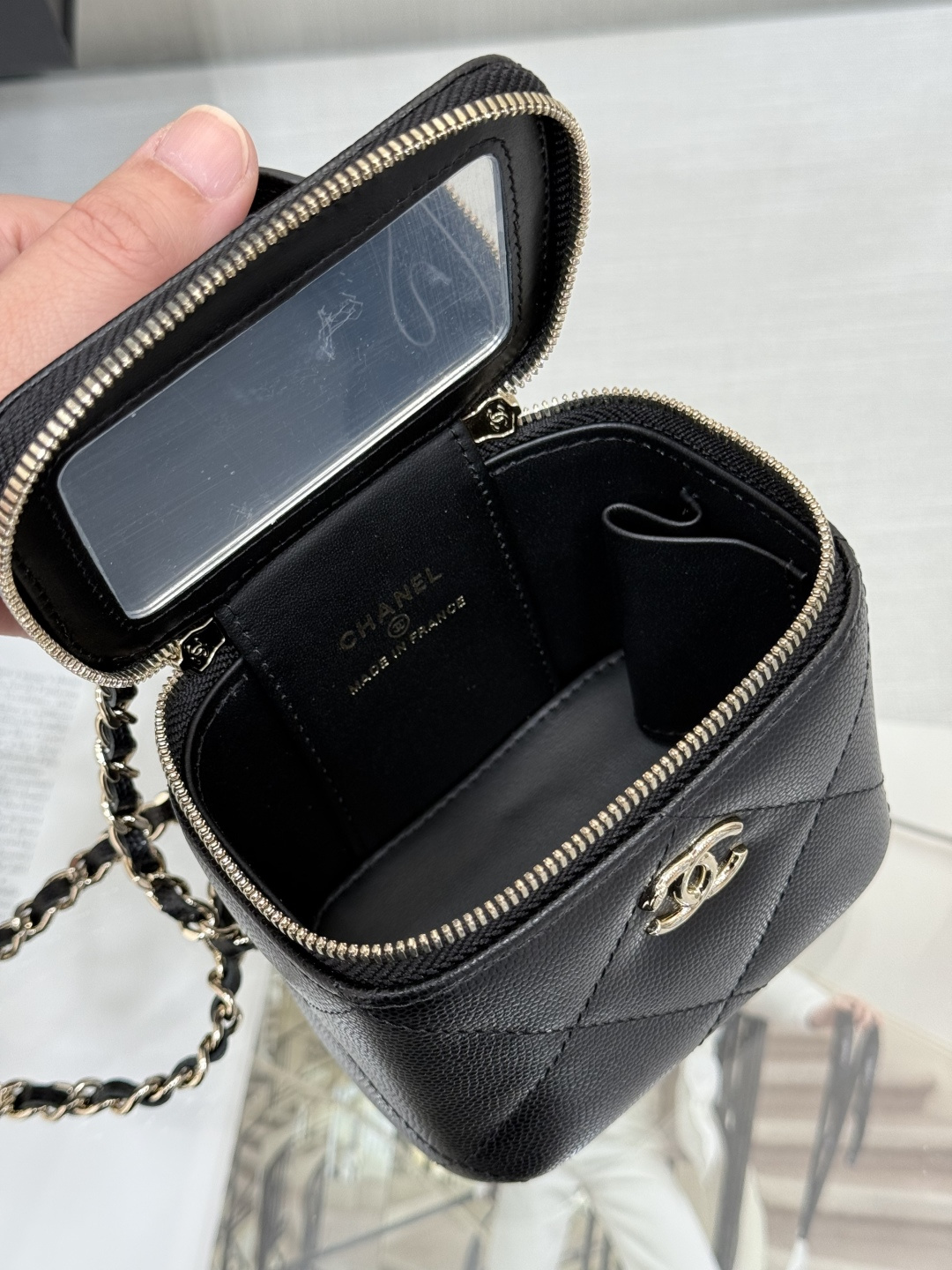 Mini Top Handle Vanity Case (AS5993) in Black Quilted Grained Calfskin (Caviar) with Antique Gold-Tone Hardware - Mocuir