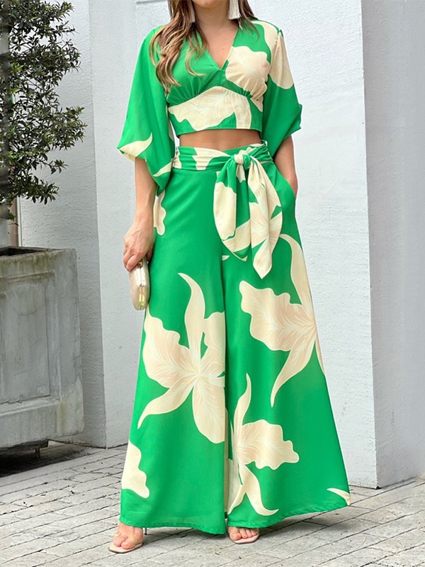 Ladies Elegant Print V-Neck Balloon Sleeve Shirt High Waist Wide Leg Pants Two Piece Set